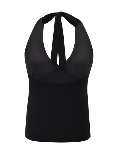 The ZINZIE HALTER TOP - BLACK by TIGERMIST is a buttery jersey top with a deep V halter neckline and wide neck-tie strap, shown against a plain white background.