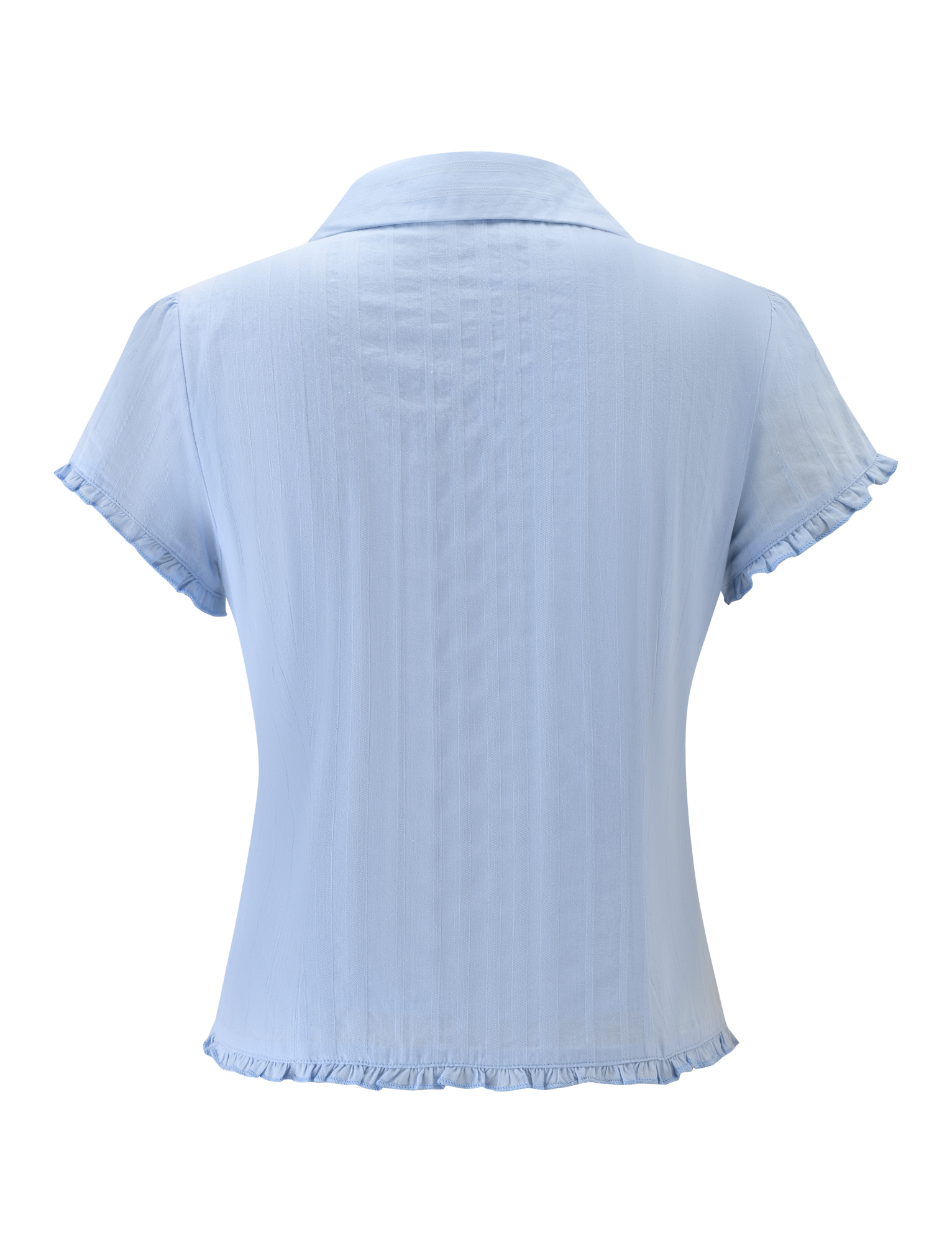 The TIGERMIST VALERIE SHORT SLEEVE SHIRT in baby blue features chic ruffles and a modern woven design, offering a stylish update to the classic short-sleeve shirt.