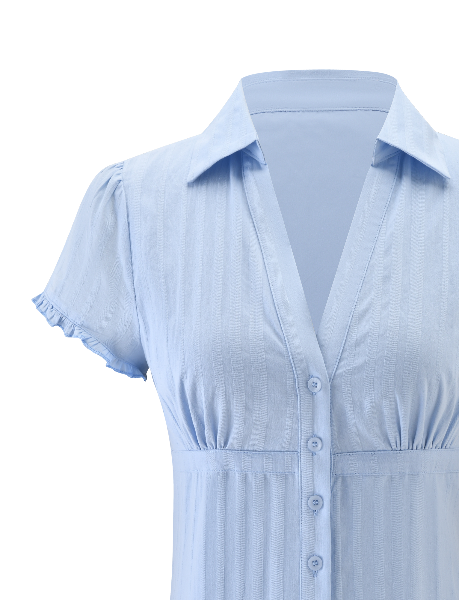 The VALERIE SHORT SLEEVE SHIRT - BABY BLUE by TIGERMIST features a collared V-neck, vertical stripes, button-down front, gathered waist, and ruffled sleeve edges—making this chic shirt perfect for effortless style.