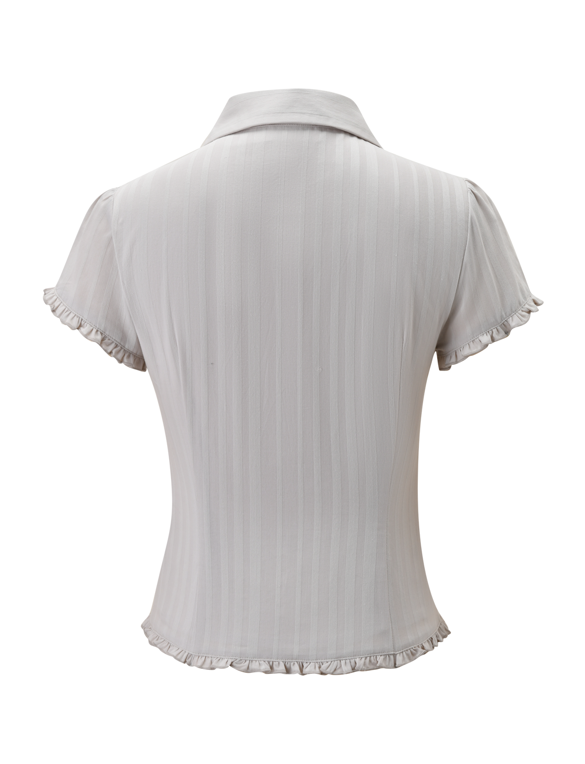 The VALERIE SHORT SLEEVE SHIRT by TIGERMIST is a light gray shirt featuring subtle vertical stripes, a collar, and ruffled sleeve and hem edges, displayed from the back against a plain white background.