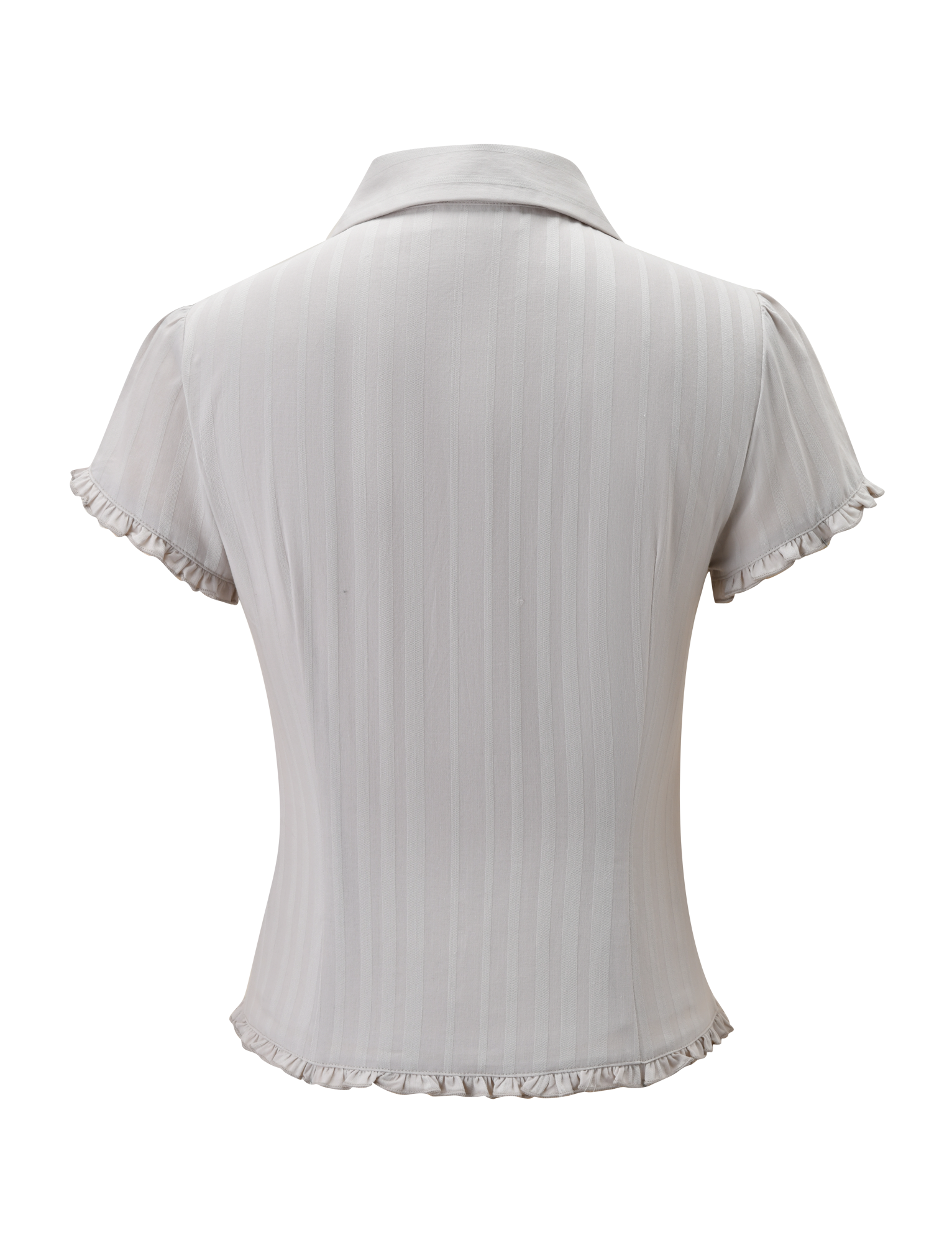 The VALERIE SHORT SLEEVE SHIRT by TIGERMIST is a light gray shirt featuring subtle vertical stripes, a collar, and ruffled sleeve and hem edges, displayed from the back against a plain white background.