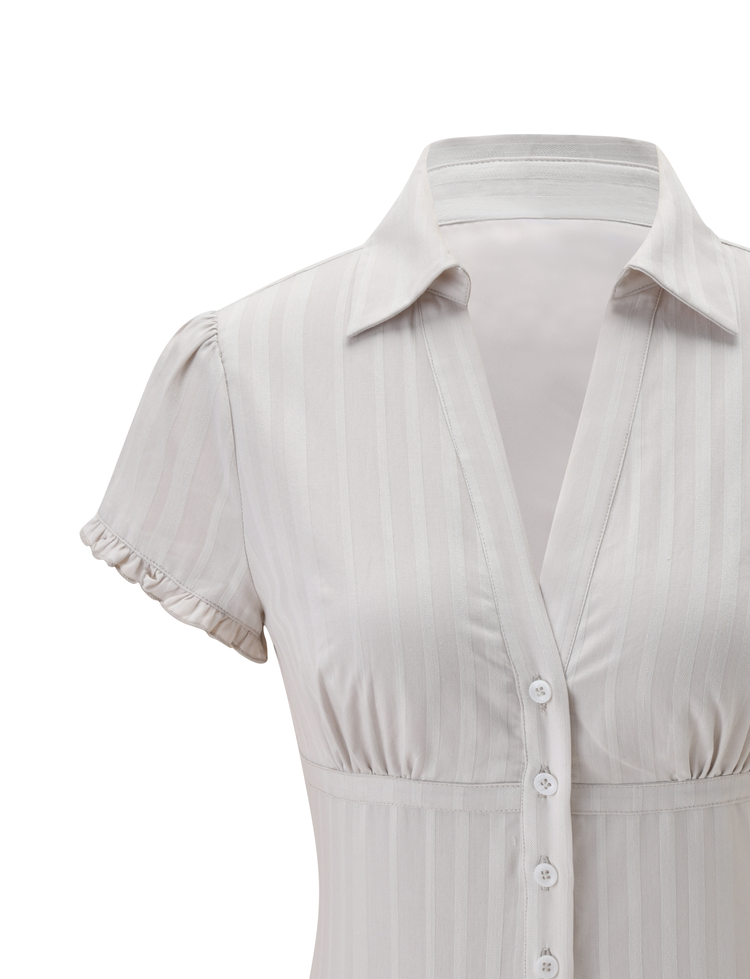 A close-up of the TIGERMIST VALERIE SHORT SLEEVE SHIRT in grey, featuring a light hue, subtle vertical stripes, white buttons, a fitted waist, and ruffled short sleeve edges against a plain white background.