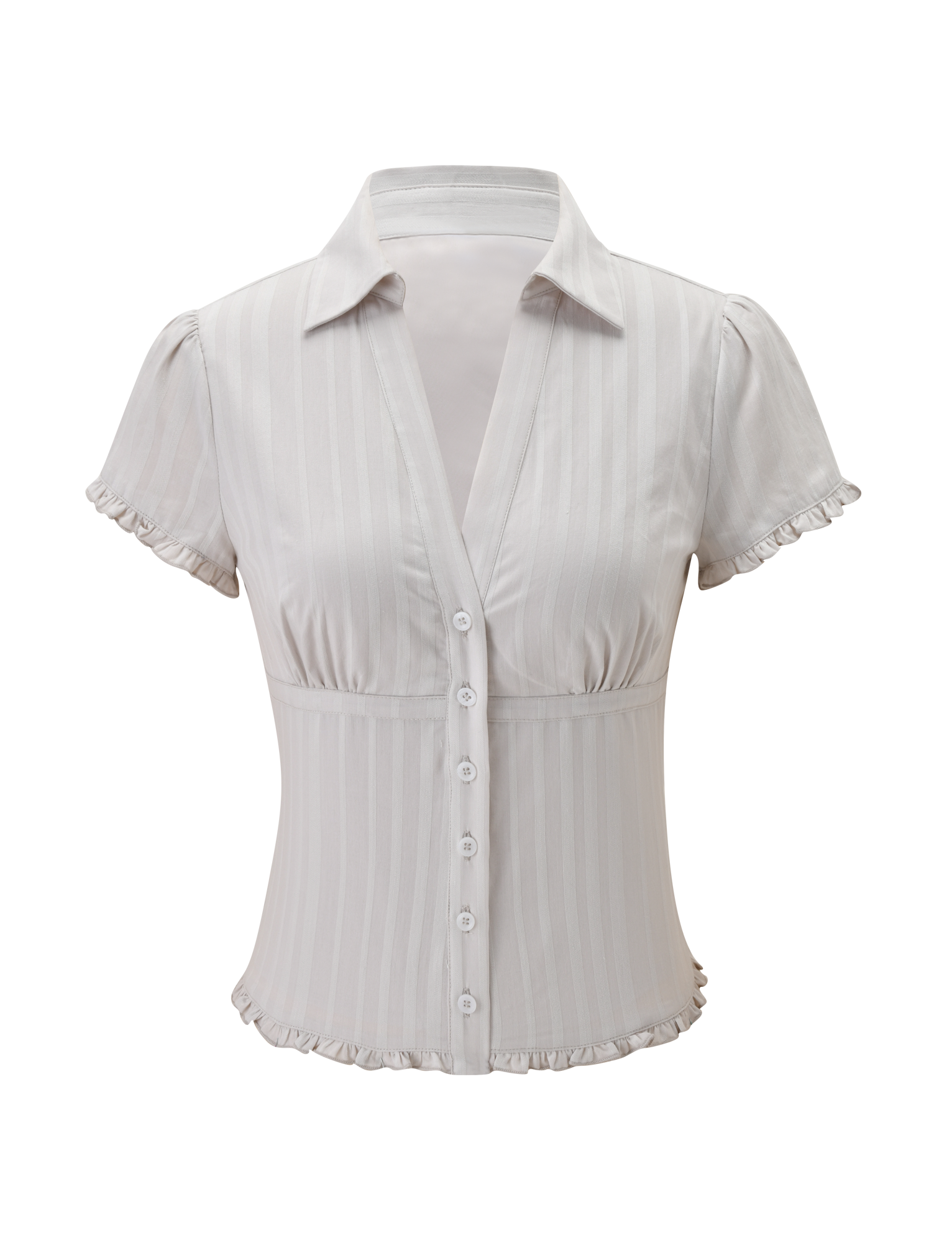 The VALERIE SHORT SLEEVE SHIRT by TIGERMIST features a grey color, V-neck, short sleeves with ruffled edges, button-down front, vertical stripes, and a ruffled hem.
