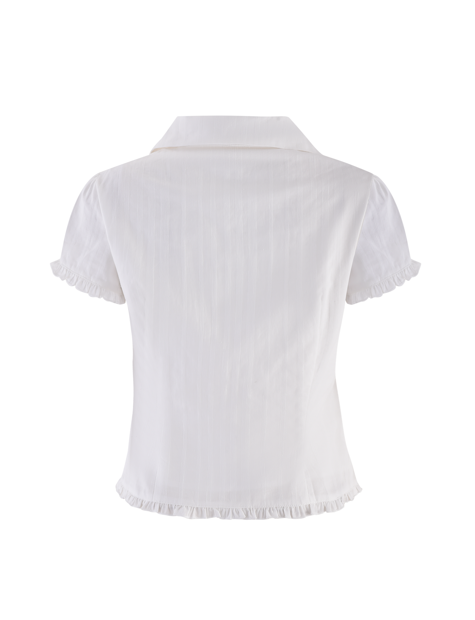 Back view of the TIGERMIST VALERIE SHORT SLEEVE SHIRT in white, featuring a collar, subtle vertical stripes, and ruffled trim on the sleeves and hem for an elegant finish.
