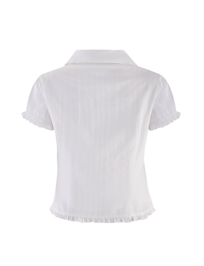 Back view of the TIGERMIST VALERIE SHORT SLEEVE SHIRT in white, featuring a collar, subtle vertical stripes, and ruffled trim on the sleeves and hem for an elegant finish.