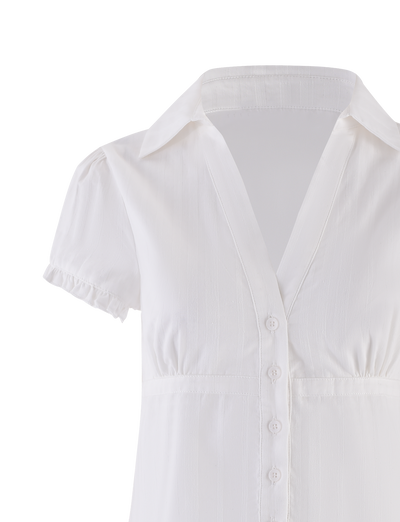 The TIGERMIST VALERIE SHORT SLEEVE SHIRT in white features a deep V-neck, front buttons, puffed sleeves with elastic cuffs, a pointed collar, and lightweight textured fabric—a fresh update on the classic shirt.