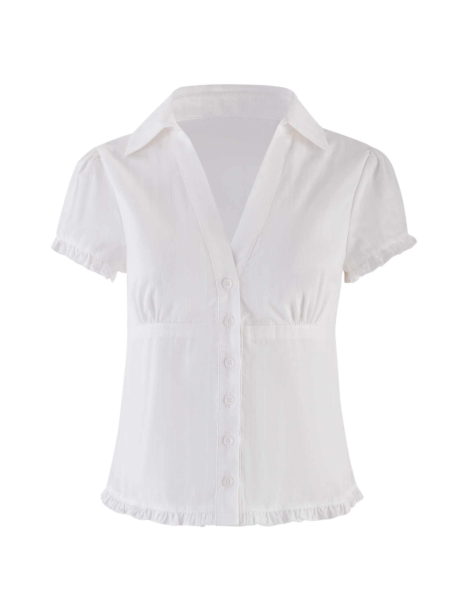The VALERIE SHORT SLEEVE SHIRT - WHITE by TIGERMIST features a woven design with a V neck, short sleeves, button-down front, ruffled sleeve and hem trims, fitted waist, and classic collar for a timeless look.