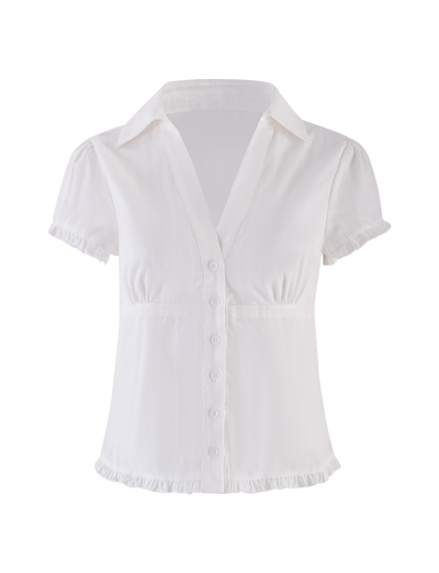 The VALERIE SHORT SLEEVE SHIRT - WHITE by TIGERMIST features a woven design with a V neck, short sleeves, button-down front, ruffled sleeve and hem trims, fitted waist, and classic collar for a timeless look.
