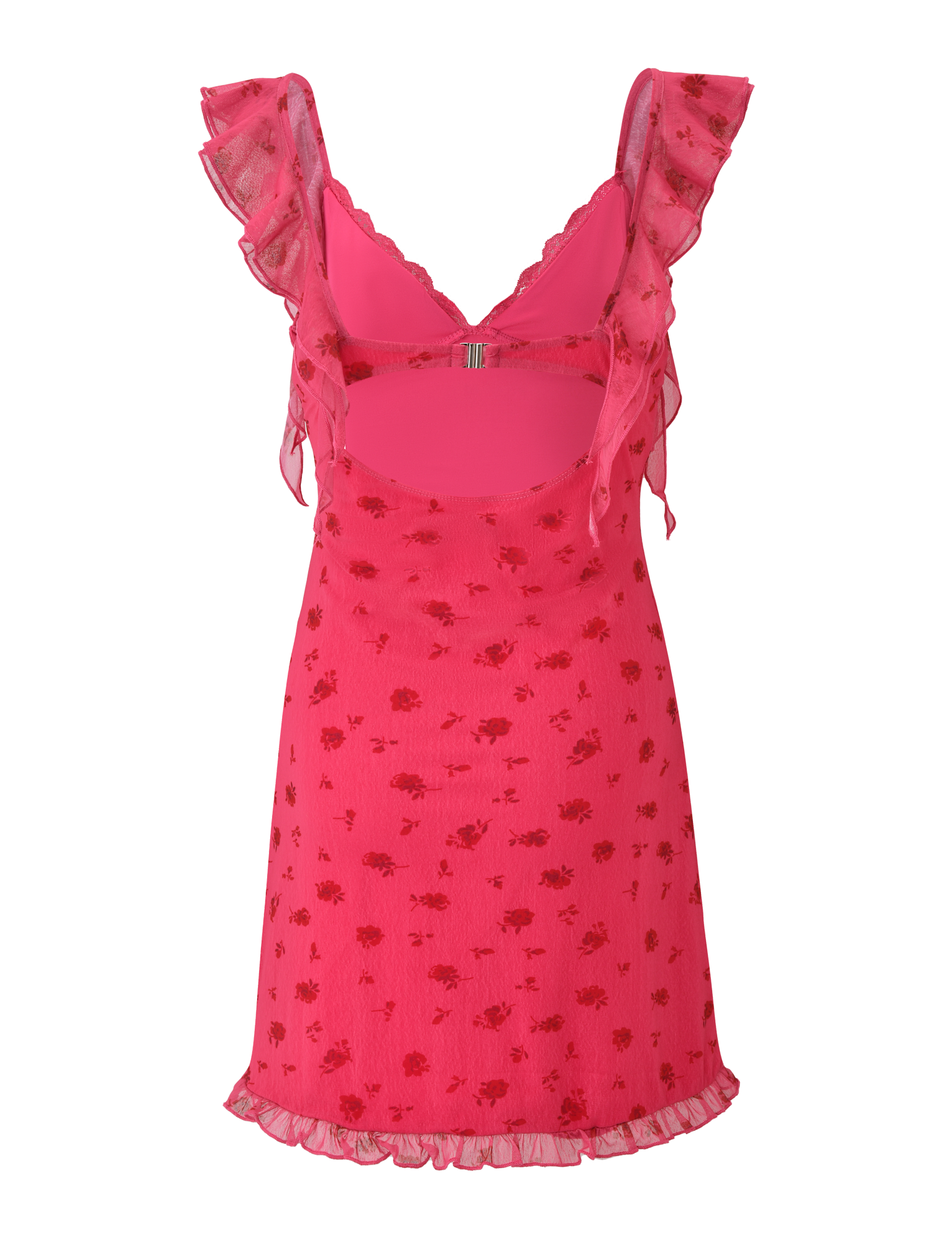 The TIGERMIST AMARIS MINI DRESS - DITSY FLORAL is a bright pink V-neck mini with ruffled straps, cut-out back, and a mesh overlay in a subtle floral print. Its fitted bodice and ruffled hem give it a playful, flared silhouette.
