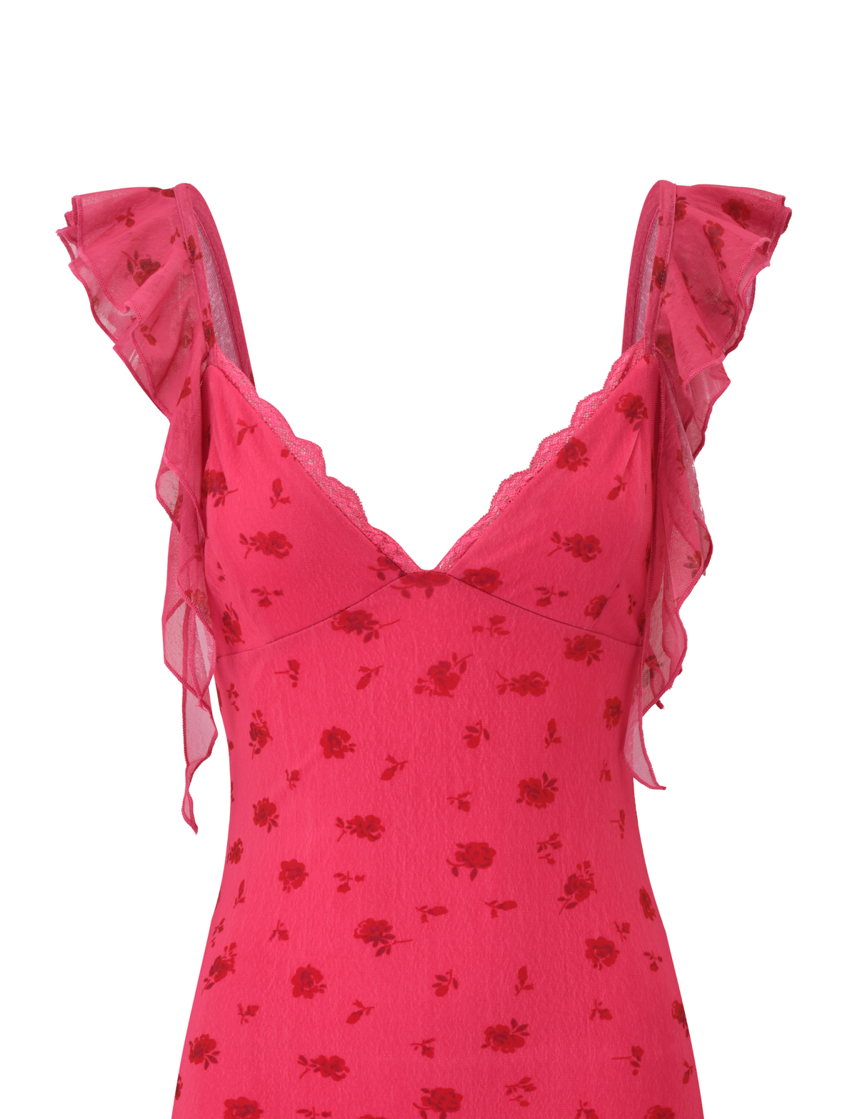 The TIGERMIST AMARIS MINI DRESS - DITSY FLORAL features a sleeveless pink V-neck design with delicate lace trim, flutter ruffle straps, and a charming red rose pattern on soft printed mesh.