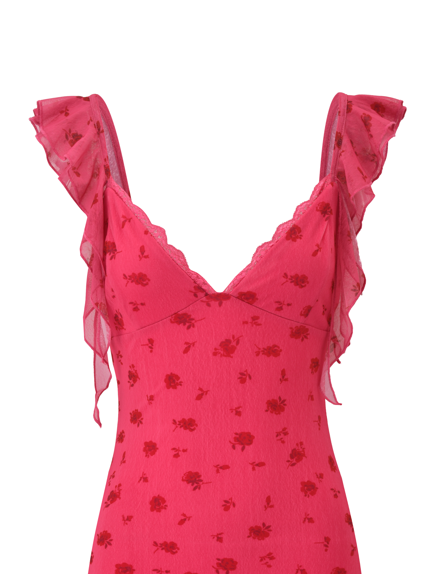 The TIGERMIST AMARIS MINI DRESS - DITSY FLORAL features a sleeveless pink V-neck design with delicate lace trim, flutter ruffle straps, and a charming red rose pattern on soft printed mesh.