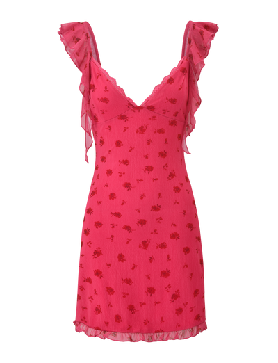 The AMARIS MINI DRESS - DITSY FLORAL by TIGERMIST is a sleeveless pink mini dress with a V-neck, ruffled shoulder straps, an allover floral print, and a ruffled hemline with lace trim for added femininity.