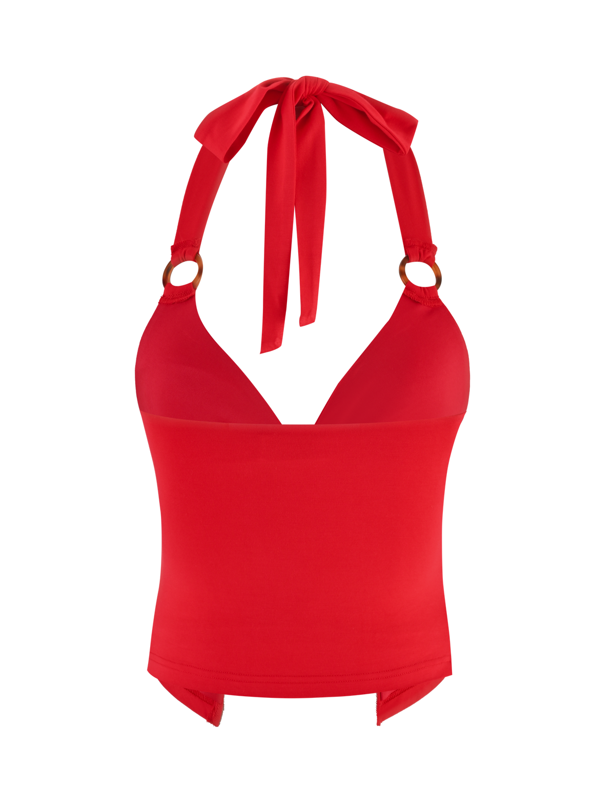 The ZENEVA TOP - RED by TIGERMIST is a halter-neck bikini top with a fitted, extended band below the bust, gold and tortoise shell ring detail on the straps, and a neck tie.