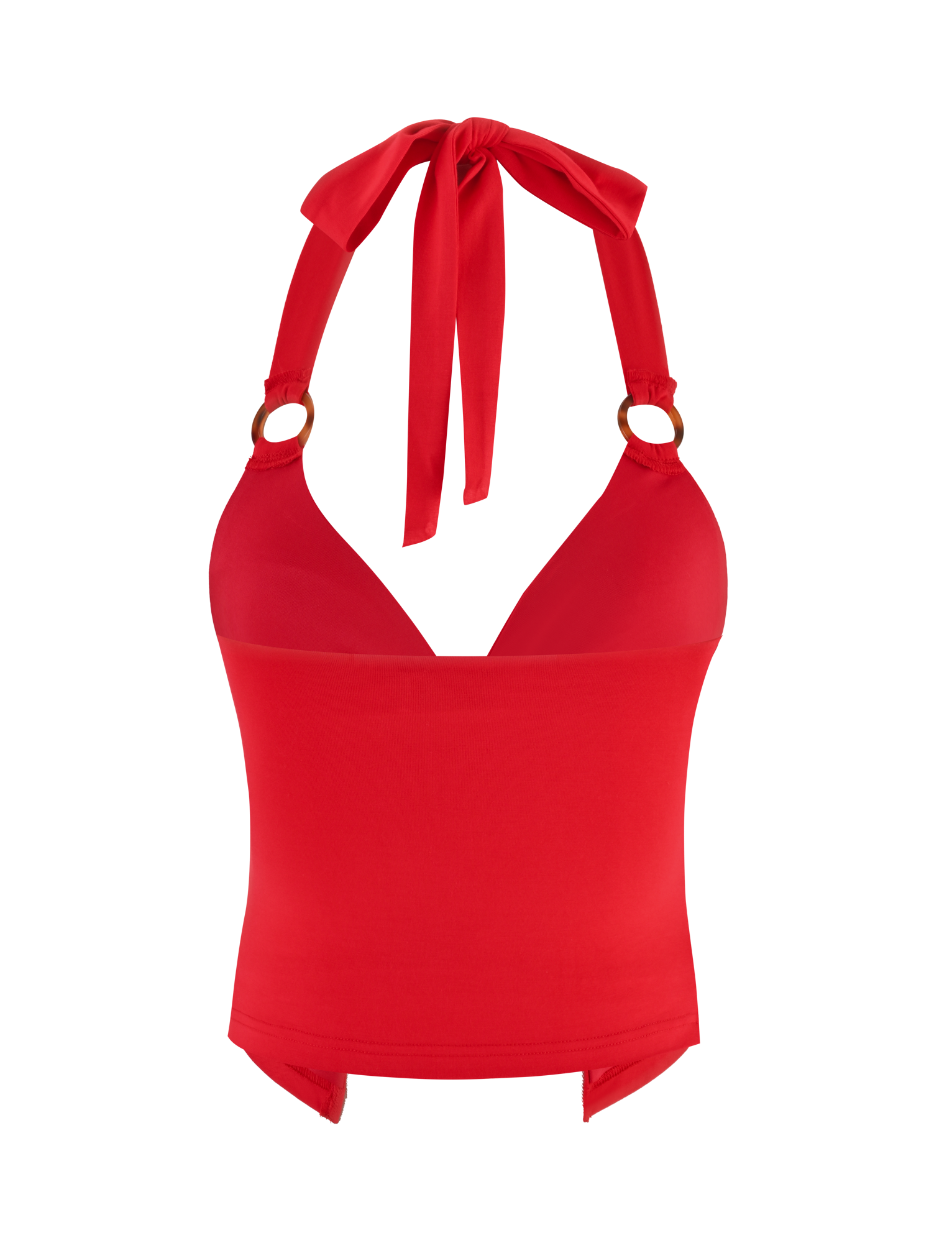The ZENEVA TOP - RED by TIGERMIST is a halter-neck bikini top with a fitted, extended band below the bust, gold and tortoise shell ring detail on the straps, and a neck tie.
