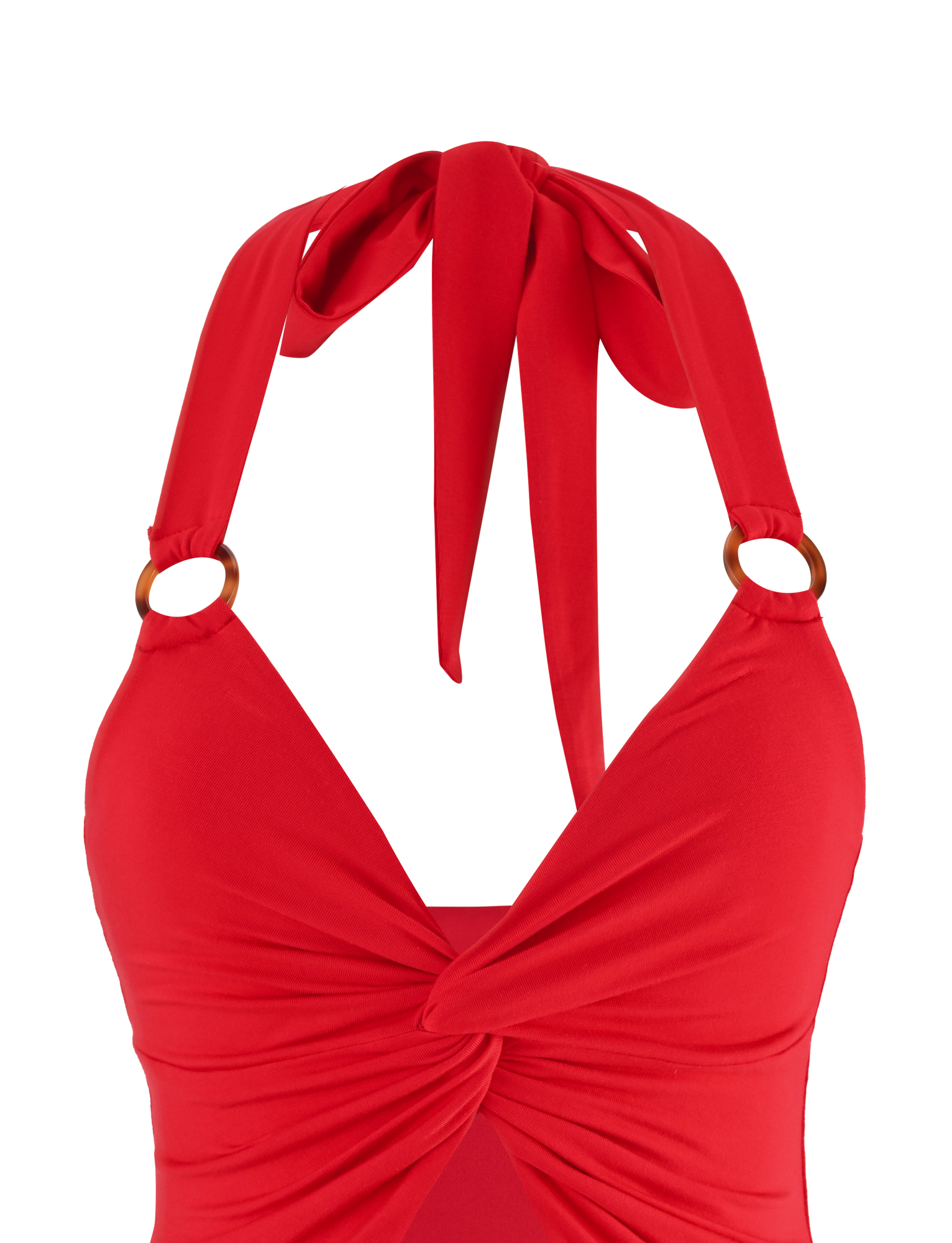 A close-up of the TIGERMIST ZENEVA TOP - RED, a halter-neck swimsuit in buttery jersey, featuring a twisted knot front and two tortoise shell ring accents at the straps.