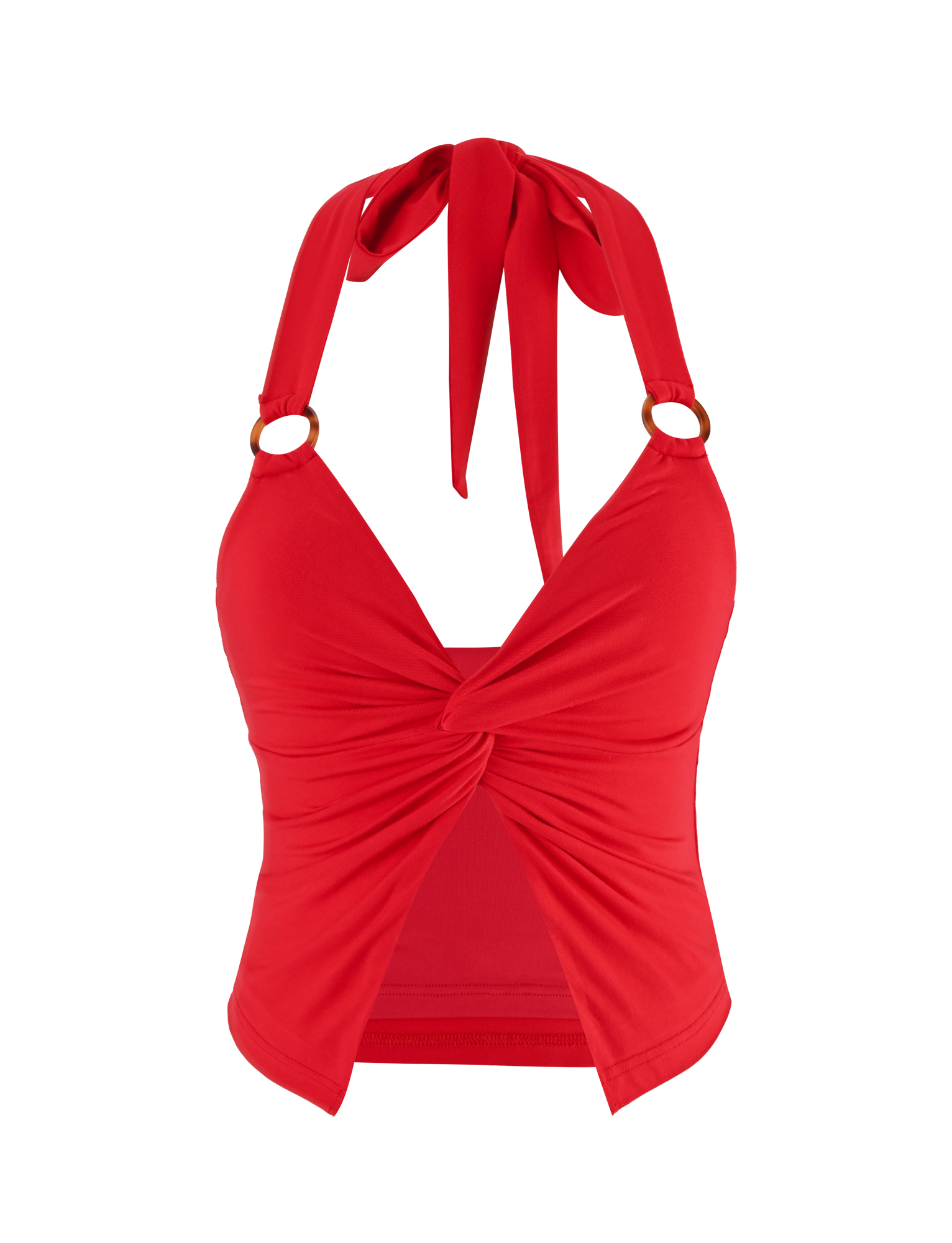 The ZENEVA TOP - RED by TIGERMIST is a vibrant halter in buttery jersey, featuring a front twist knot, open front detail, and wide neck-tie straps.