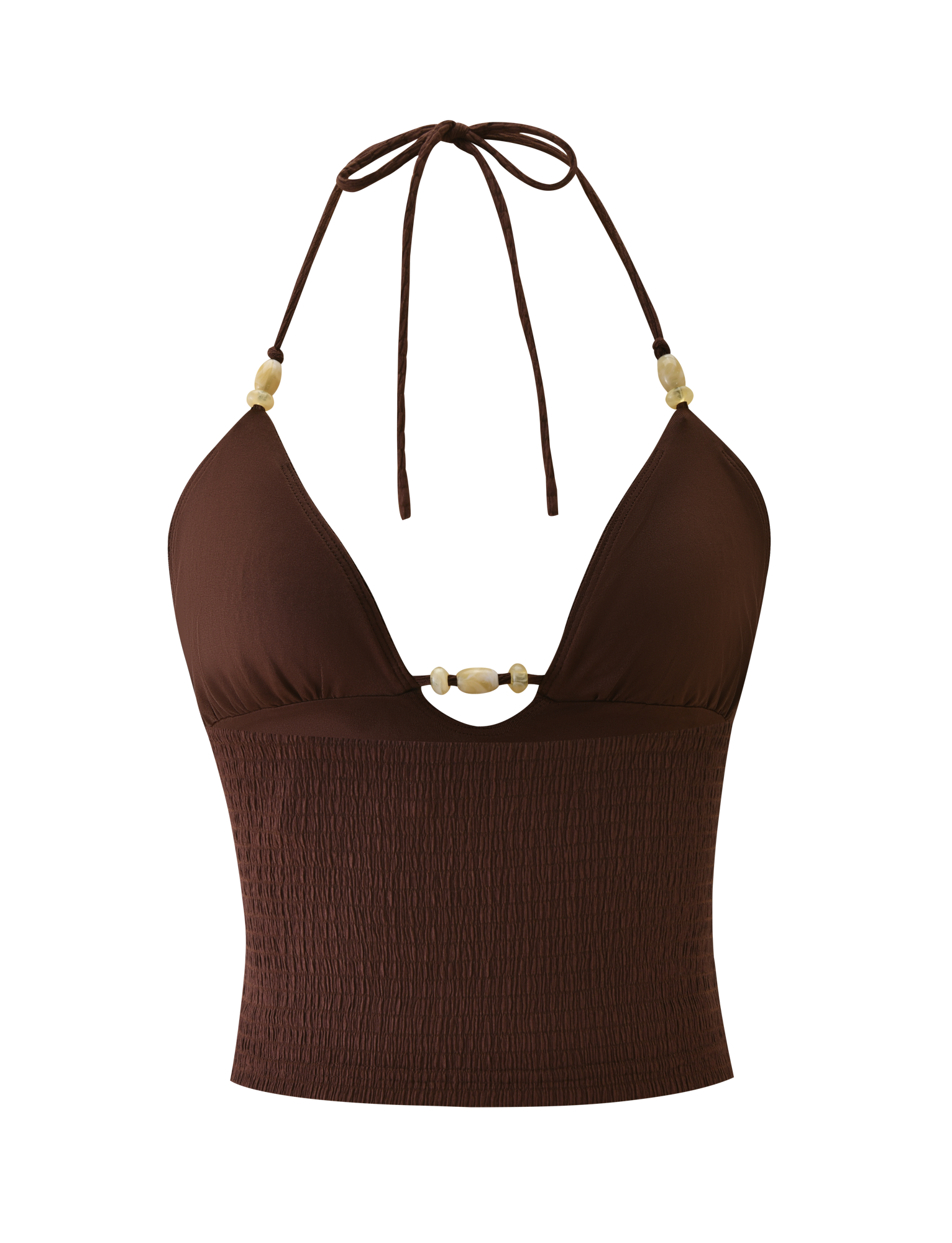 The ZINNIA TOP - CHOCOLATE by TIGERMIST is a chocolate brown halter cami crop top with a deep V neckline, beige bead details on the straps and front, and a smocked textured knit lower section.