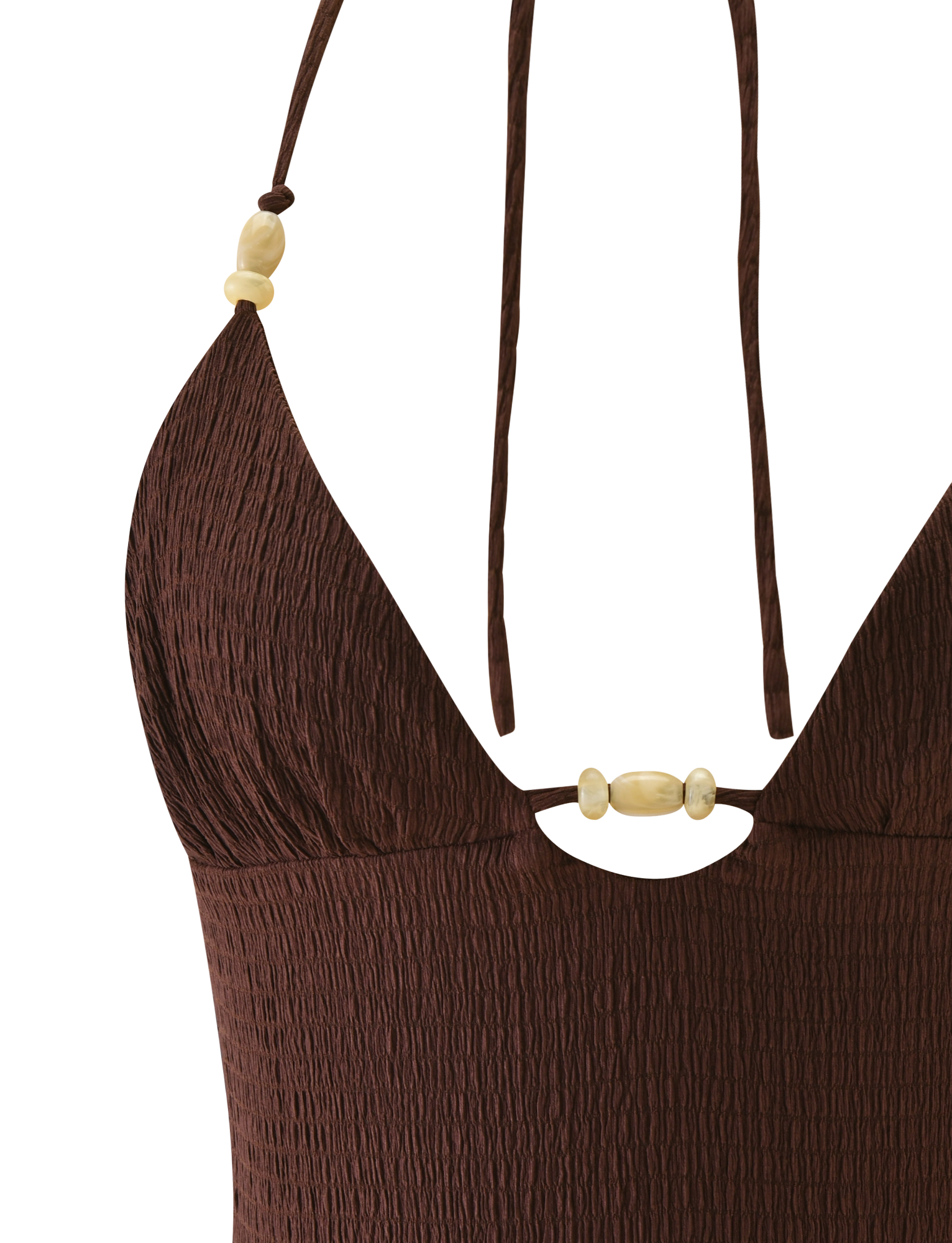 Close-up of the TIGERMIST ZINNIA TOP in chocolate: a textured knit swimsuit top with a deep V-neckline, thin halter straps, and decorative light-colored beads at the neckline and straps. Set against a plain white background.