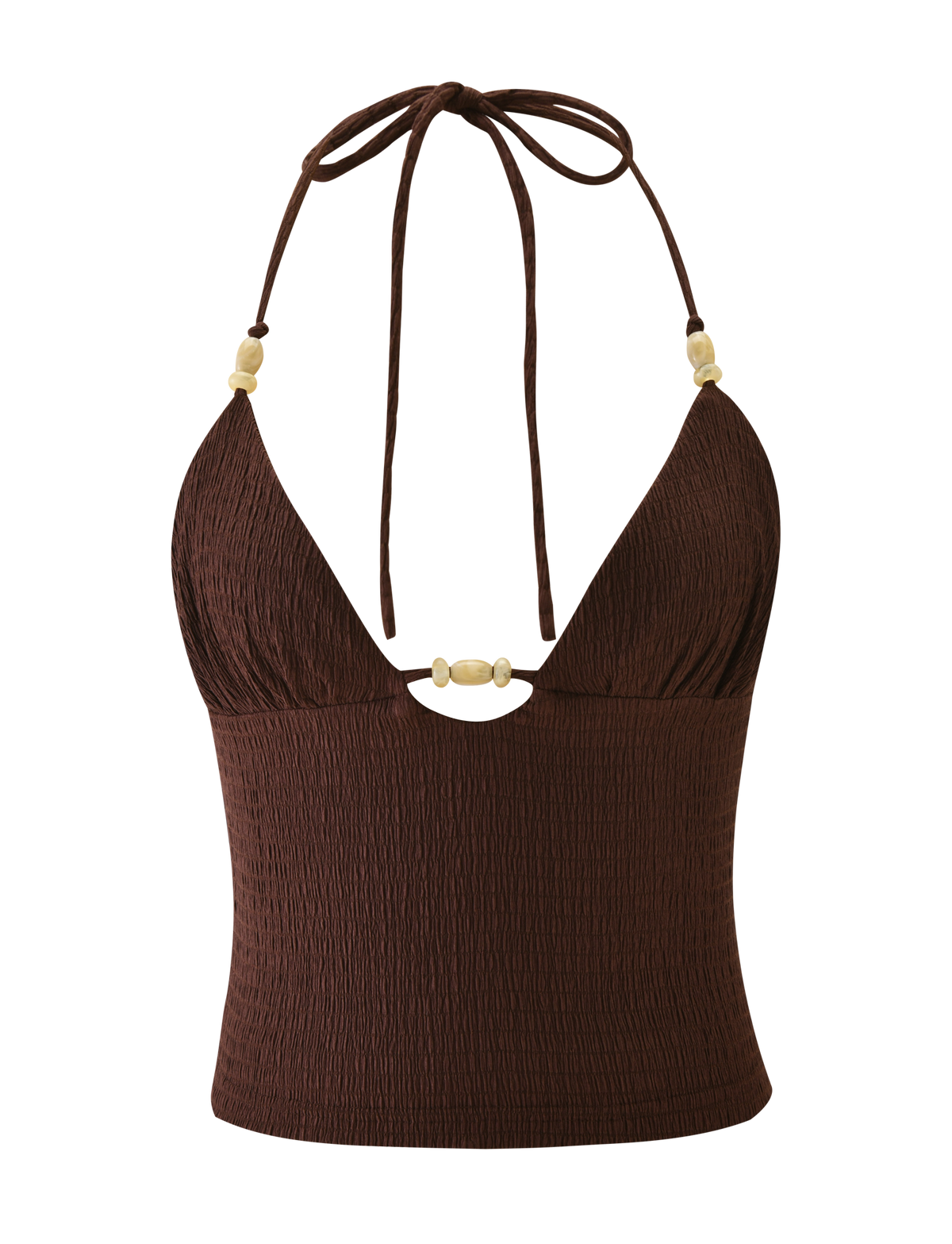 The ZINNIA TOP - CHOCOLATE by TIGERMIST is a chocolate brown textured knit halter cami with a deep V-neck, tie neck straps, and beige bead accents at the center and on the straps.
