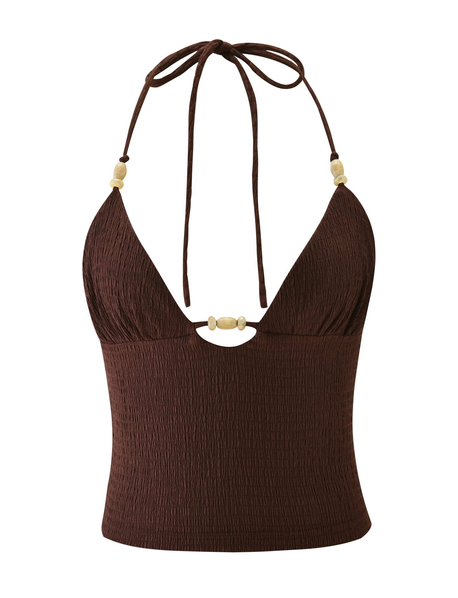The ZINNIA TOP - CHOCOLATE by TIGERMIST is a chocolate brown textured knit halter cami with a deep V-neck, tie neck straps, and beige bead accents at the center and on the straps.