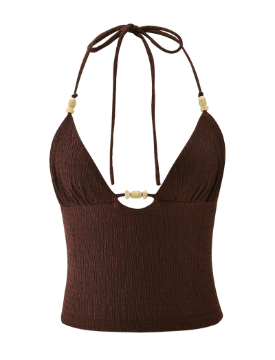 The ZINNIA TOP - CHOCOLATE by TIGERMIST is a chocolate brown textured knit halter cami with a deep V-neck, tie neck straps, and beige bead accents at the center and on the straps.