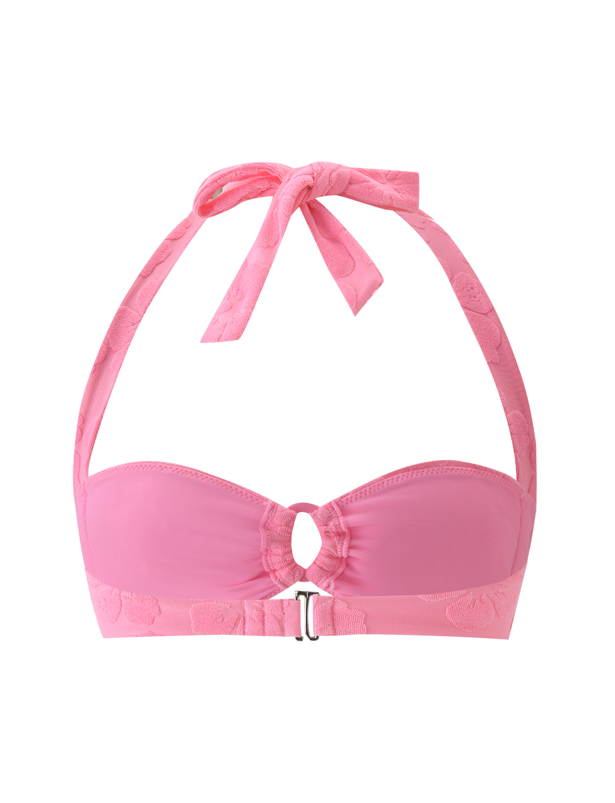 The FIORA BIKINI TOP - BABY PINK by TIGERMIST features halter straps, a front clasp, ruched center detailing, and matching neck ties, shown against a pink background.