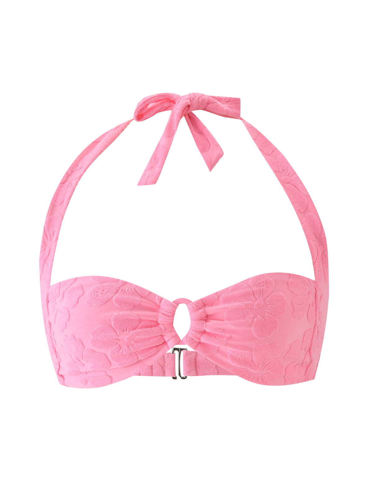The FIORA BIKINI TOP - BABY PINK by TIGERMIST features a floral lace texture, ruched center, small metallic front clasp, and halter straps that tie at the back for a secure, stylish fit.