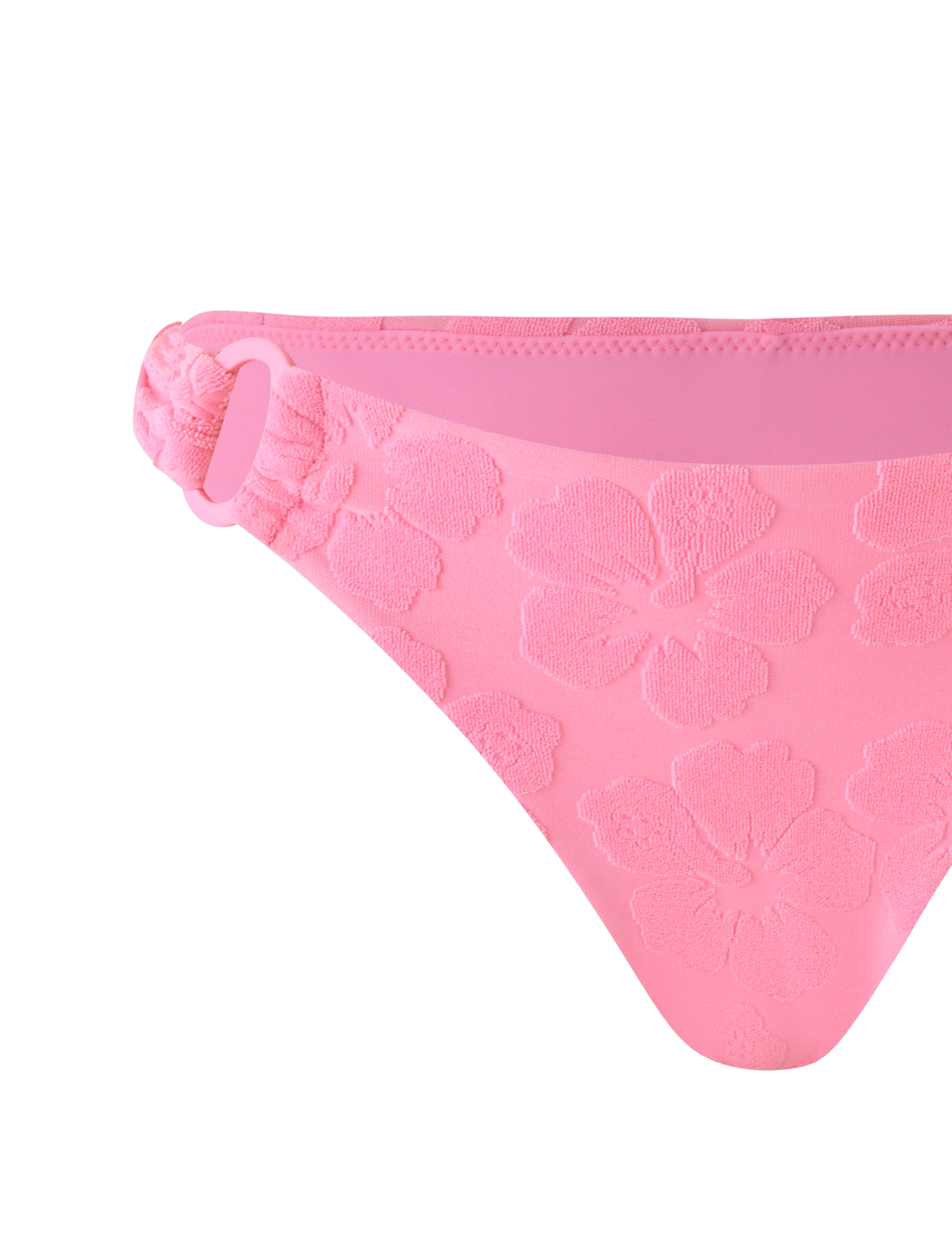 The FIORA BIKINI BOTTOM - BABY PINK by TIGERMIST features floral embossing, cheeky coverage, and a decorative ring on the side.