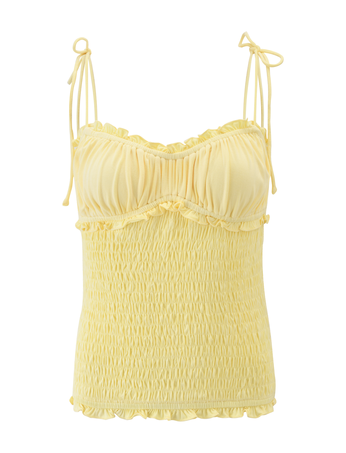 The SAFIRA TOP - LEMON by TIGERMIST is a light yellow jersey cami with high-stretch fabric, ruched details, adjustable bow-tied straps, gathered bust, and subtle ruffle accents for a flattering bodycon fit.