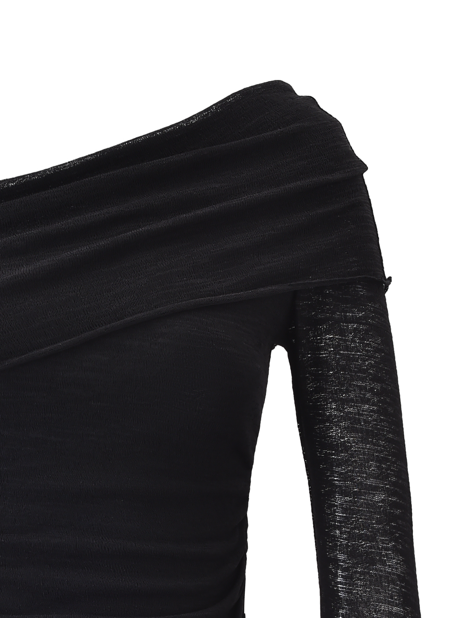 A close-up of the VERA TOP - BLACK by TIGERMIST, an off-shoulder knit with a relaxed fit and asymmetrical neckline, showcases its soft fabric against a light background.