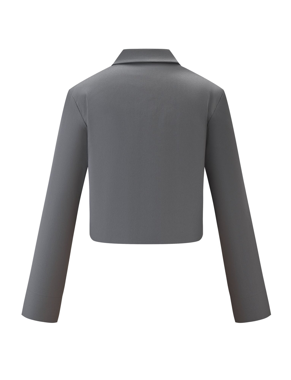 Back view of the TIGERMIST TYSHA JACKET in charcoal, a collarless, cropped cargo jacket with long sleeves, straight hem, tailored fit, and lightly ribbed fabric.
