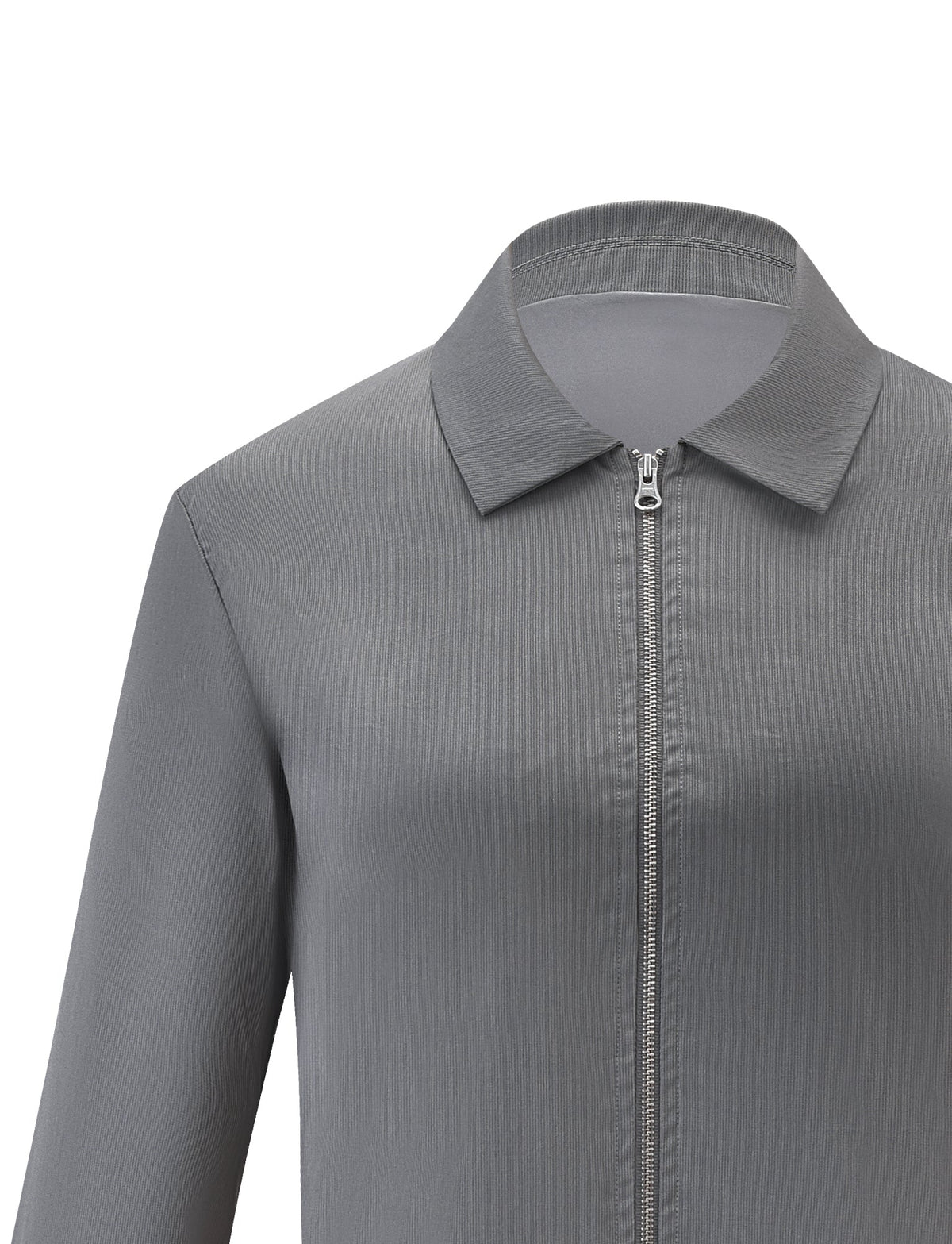 Close-up of the TIGERMIST TYSHA JACKET in charcoal, featuring a boxy fit, collar, and lightly ribbed fabric. Shown from the front against a white background with only the upper part visible.