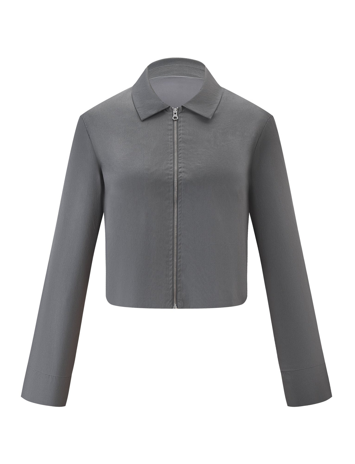 The TIGERMIST TYSHA JACKET - CHARCOAL is a plain, long-sleeve cargo jacket with a collar and front zipper, boxy fit, and lightly ribbed fabric, shown on a white background.