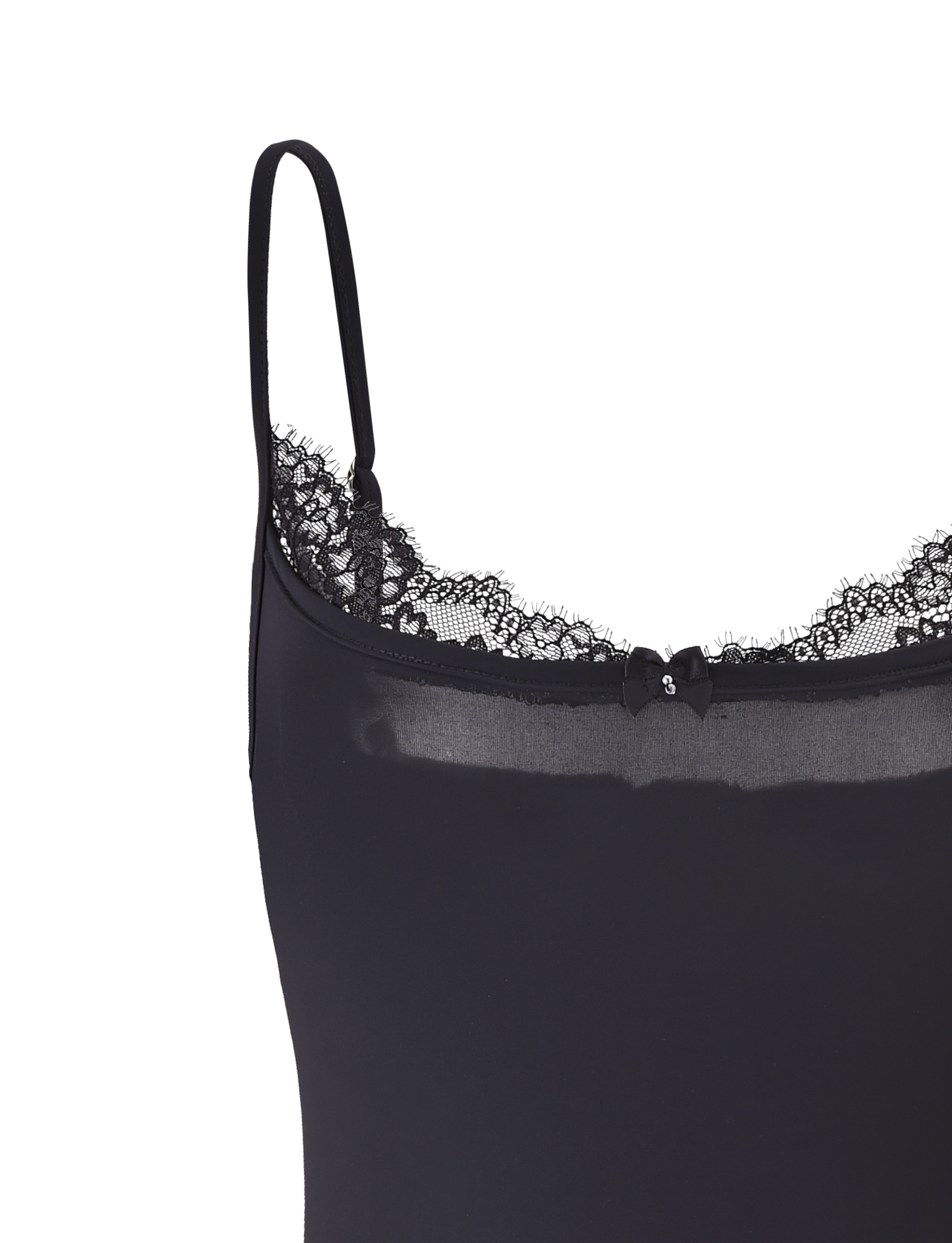 Close-up of the ASTRID BODYSUIT in black by TIGERMIST, featuring thin adjustable straps, lace trim at the neckline, and a small center bow.
