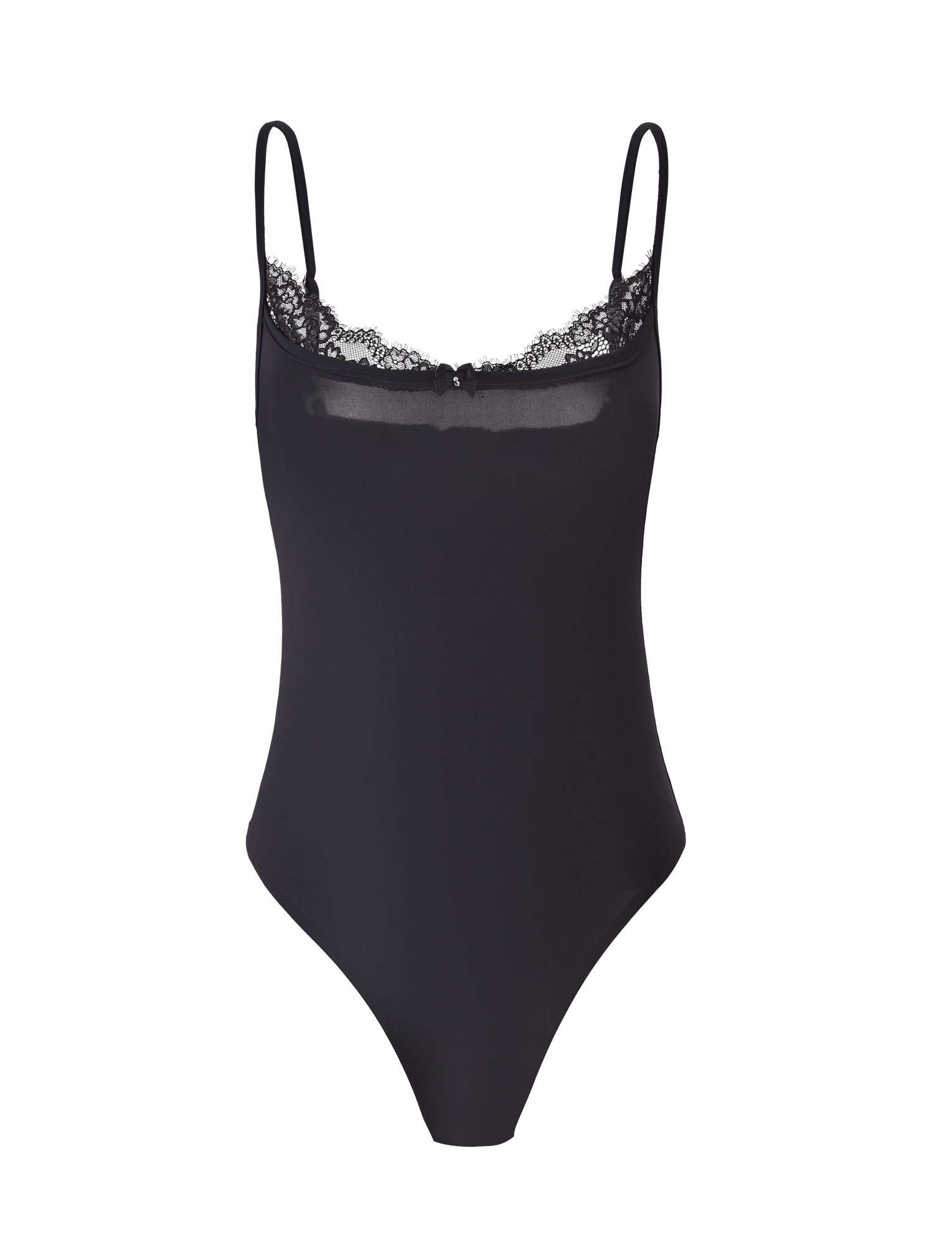 The TIGERMIST ASTRID BODYSUIT in black features thin straps, lace-trimmed neckline, and a body-con fit, shown on a plain background.