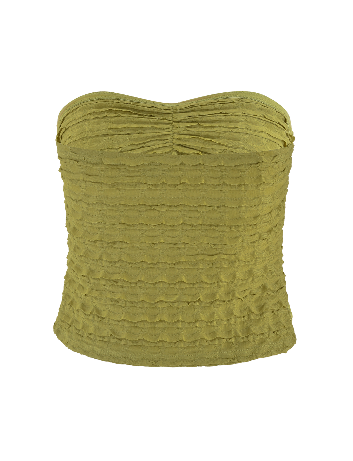 The ROSALYN TOP - GREEN by TIGERMIST is an olive green bandeau with a textured ruched pattern, center gathered detail, and crafted from high-stretch fabric for comfort.