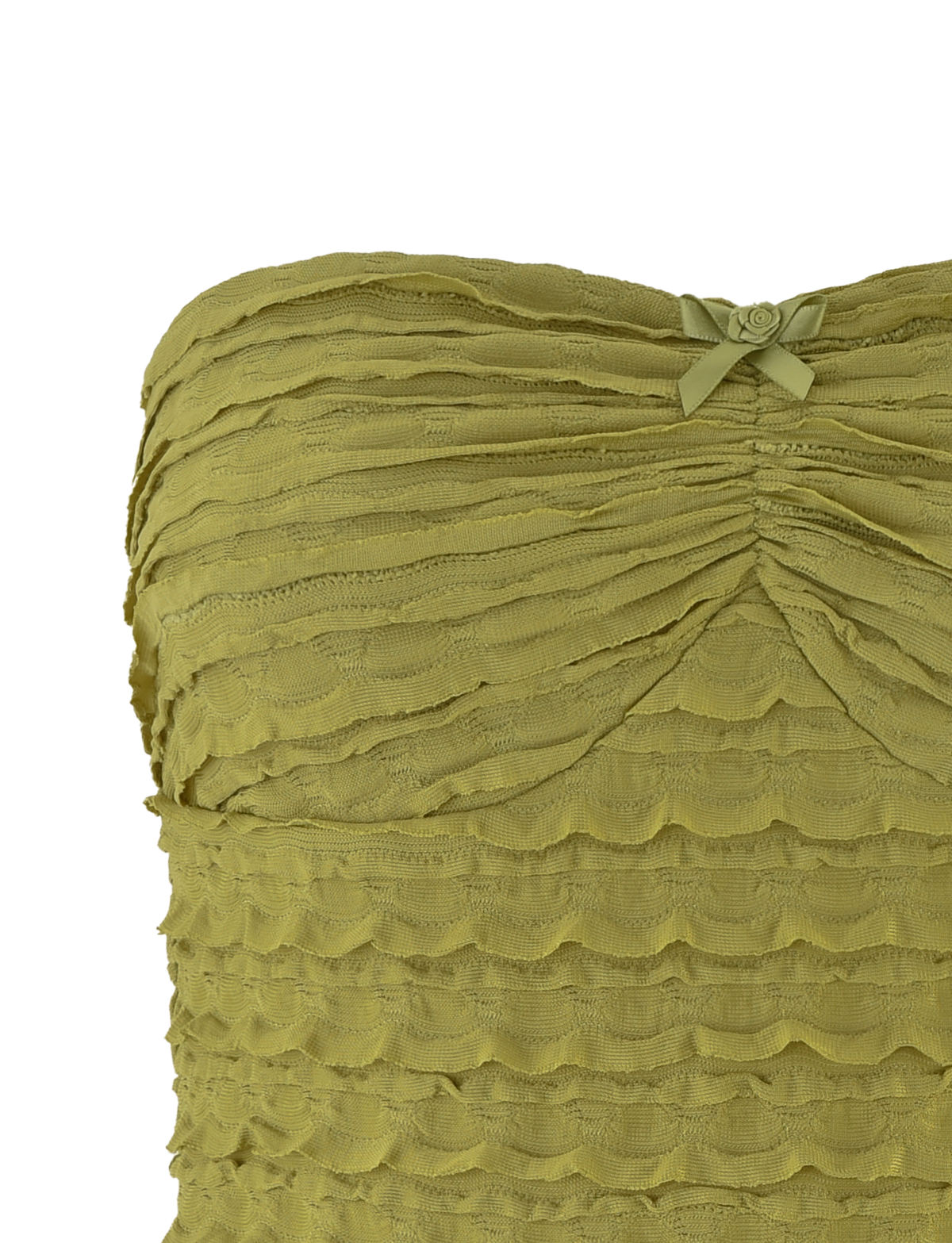 The ROSALYN TOP - GREEN by TIGERMIST features a textured frill bandeau design in olive green, horizontal ruffle layers, a center matching bow at the neckline, and is crafted from high-stretch fabric for extra comfort.