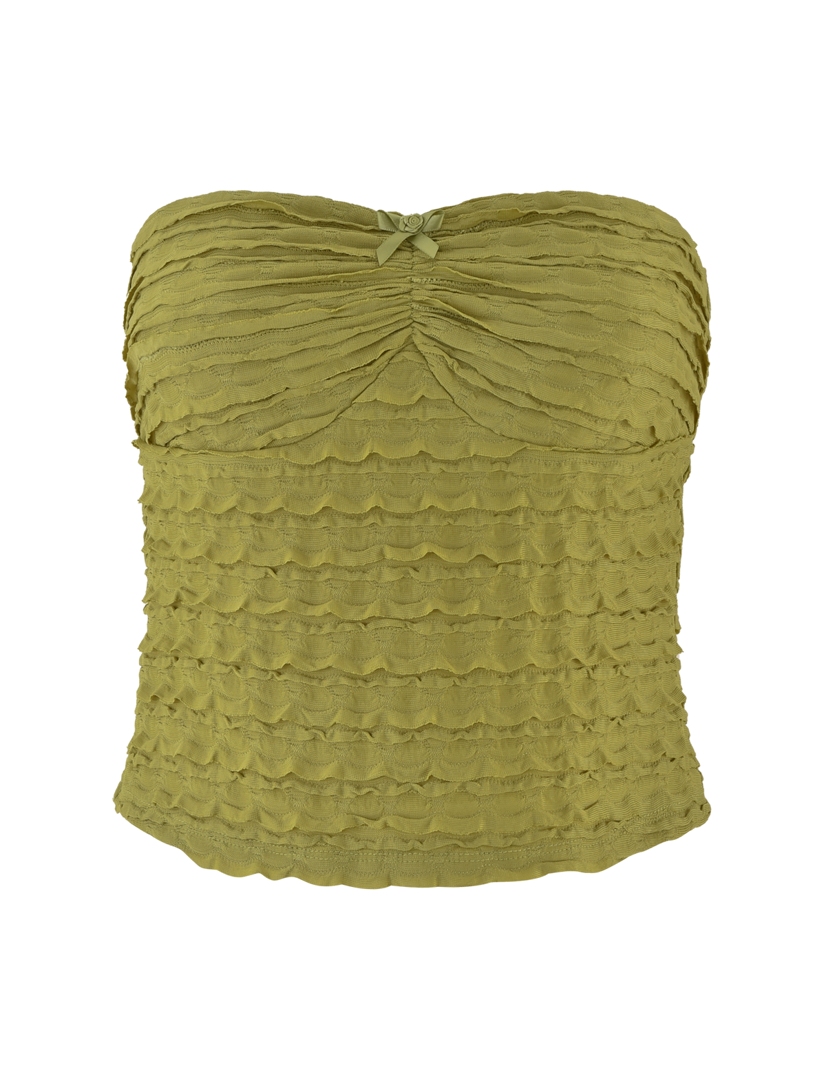 The ROSALYN TOP - GREEN by TIGERMIST is an olive bandeau featuring a ruched texture, horizontal ruffle details, and a center bow. Made from high-stretch fabric for comfort, it also showcases textured frills for added charm.