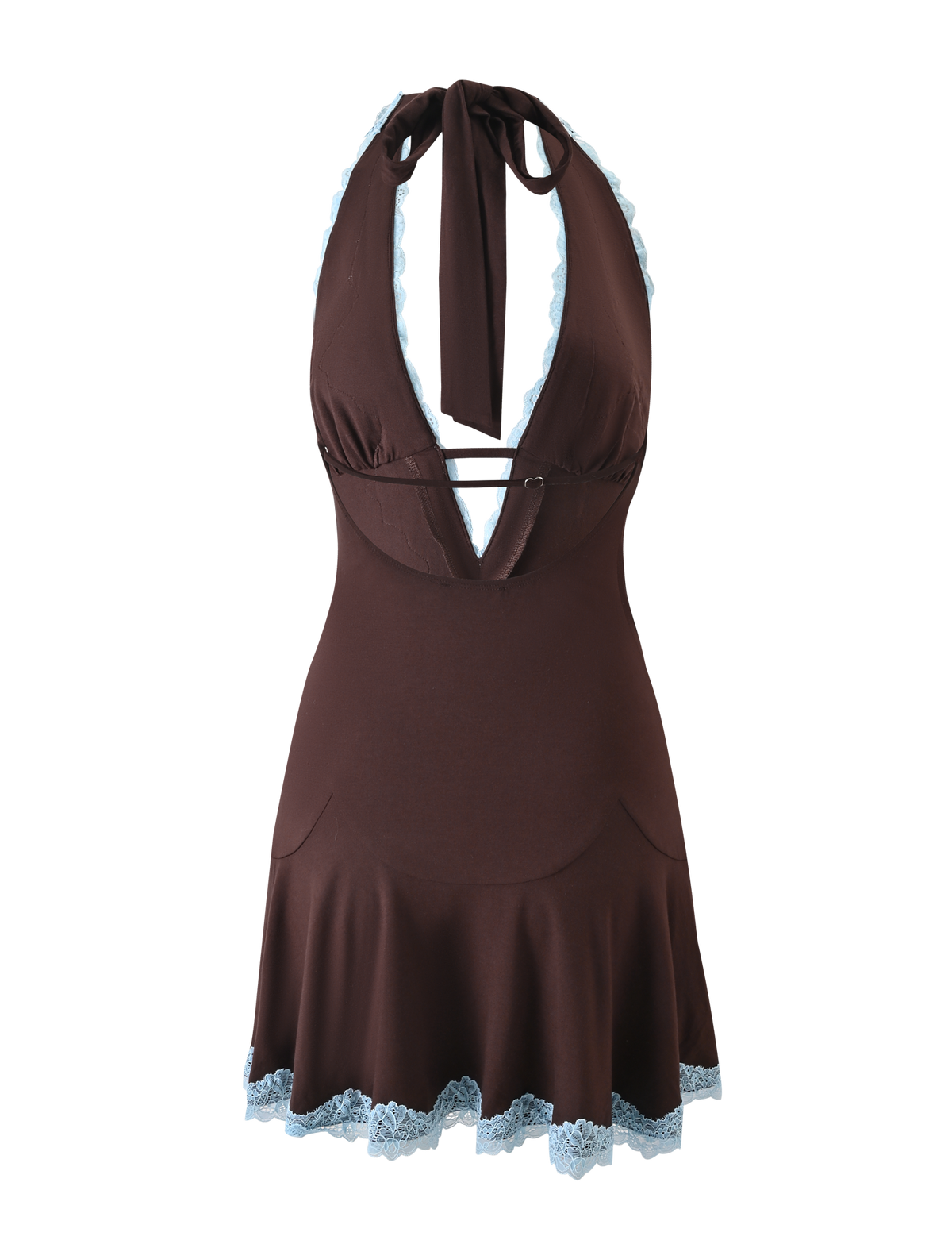 The TALIYAH MINI DRESS - CHOCOLATE by TIGERMIST is a halter mini dress with a deep V neckline, fitted bodice, flared skirt, chest cut-out, tied neck, and blue lace trim for a chic and playful look.
