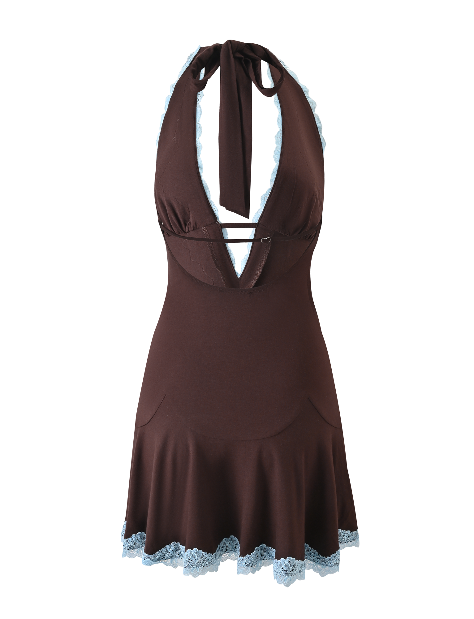 The TALIYAH MINI DRESS - CHOCOLATE by TIGERMIST is a halter mini dress with a deep V neckline, fitted bodice, flared skirt, chest cut-out, tied neck, and blue lace trim for a chic and playful look.