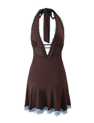 The TALIYAH MINI DRESS - CHOCOLATE by TIGERMIST is a halter mini dress with a deep V neckline, fitted bodice, flared skirt, chest cut-out, tied neck, and blue lace trim for a chic and playful look.