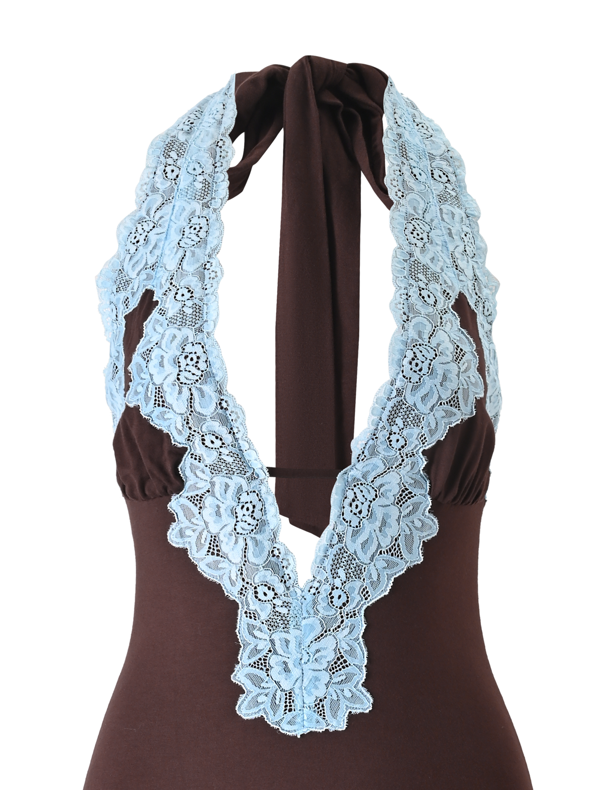 The TALIYAH MINI DRESS by TIGERMIST is a chocolate brown halter mini featuring a deep V-neckline, accented with wide, intricate blue lace trim framing the front and extending around the neck.