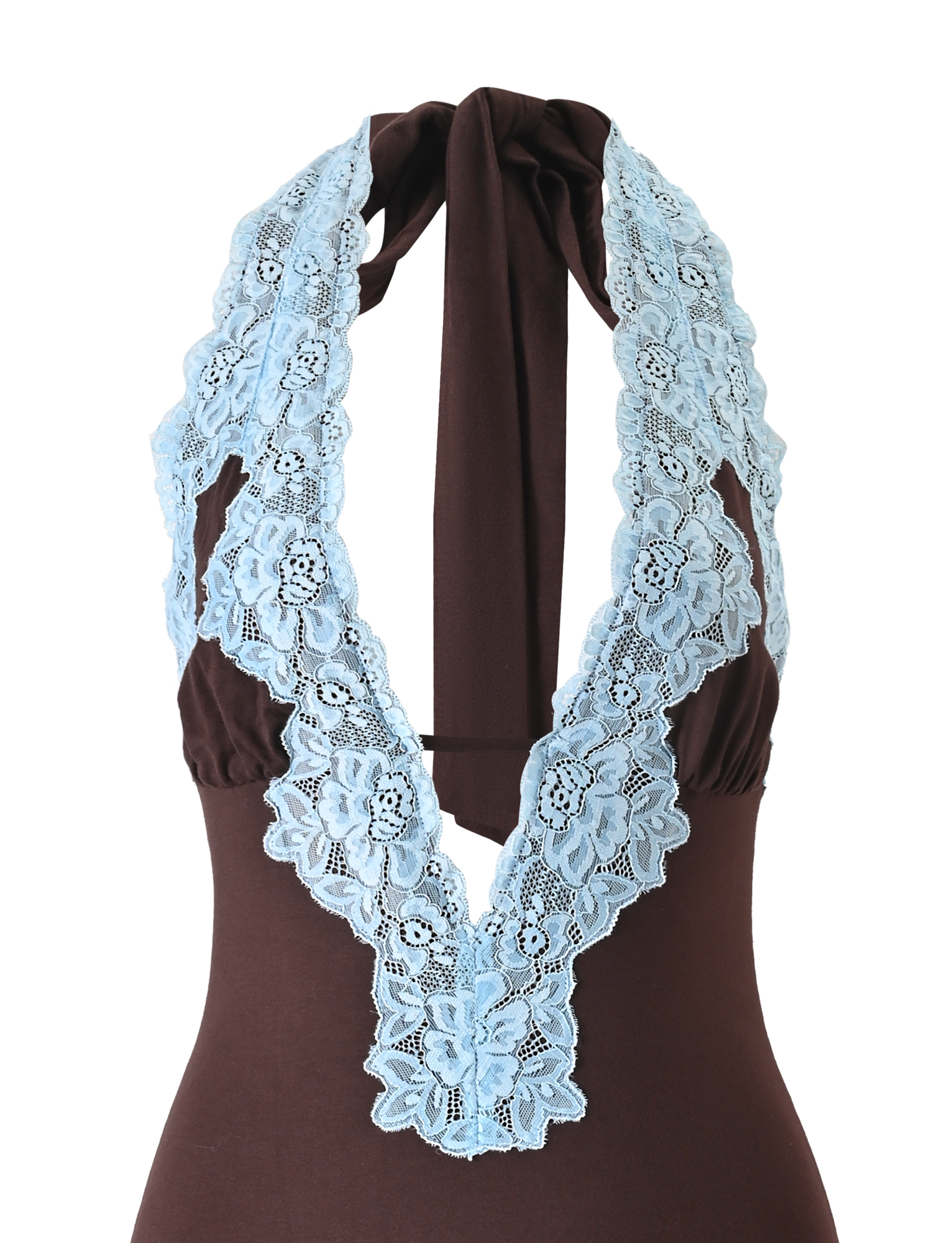 The TALIYAH MINI DRESS by TIGERMIST is a chocolate brown halter mini featuring a deep V-neckline, accented with wide, intricate blue lace trim framing the front and extending around the neck.