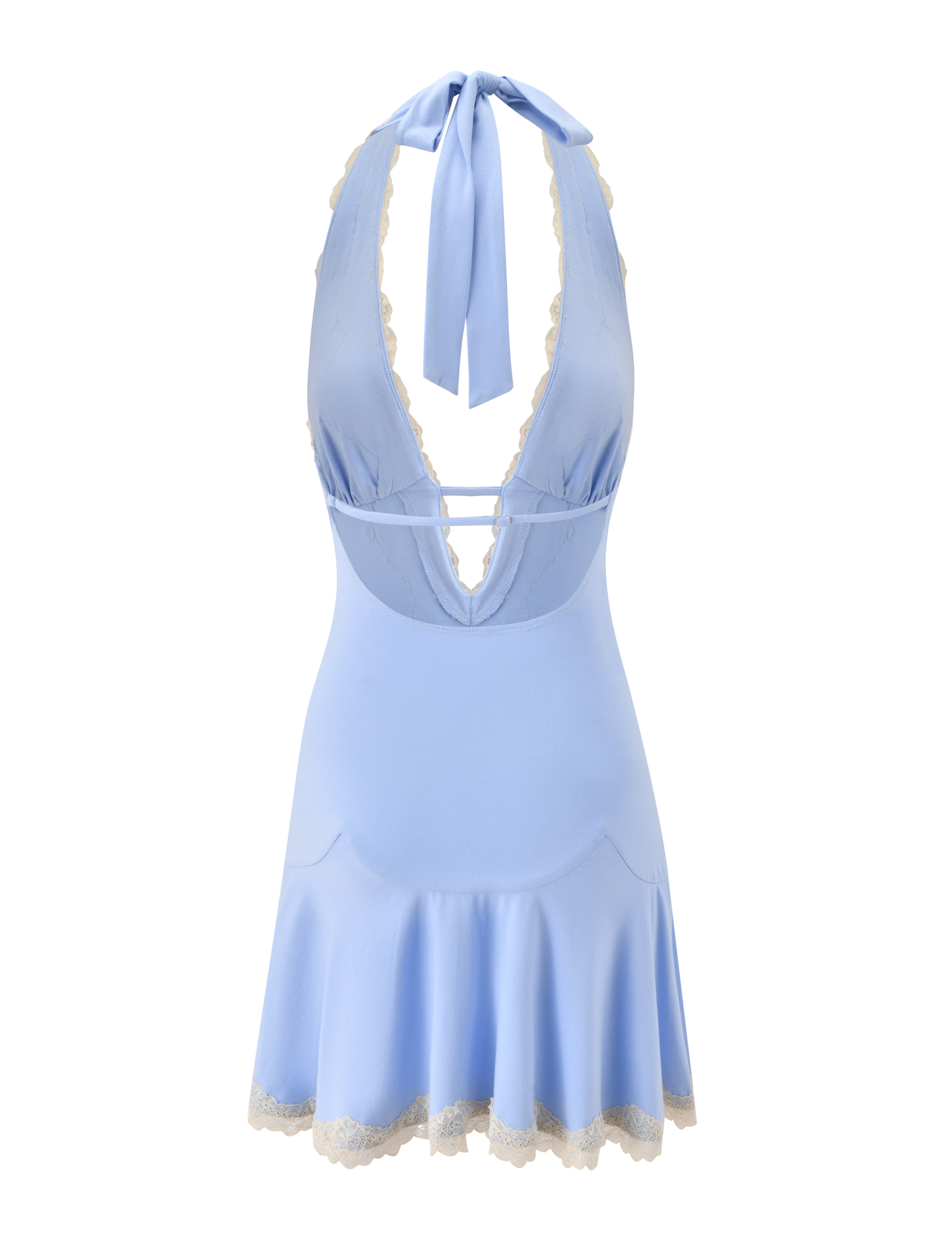 The TALIYAH MINI DRESS by TIGERMIST in Cornflower and Cream Lace showcases a halter neckline with a deep V, delicately edged with cream lace trim along the neckline and hem. A tie at the neck complements the fitted bodice, which flows into a flared mini skirt for an elegant silhouette.