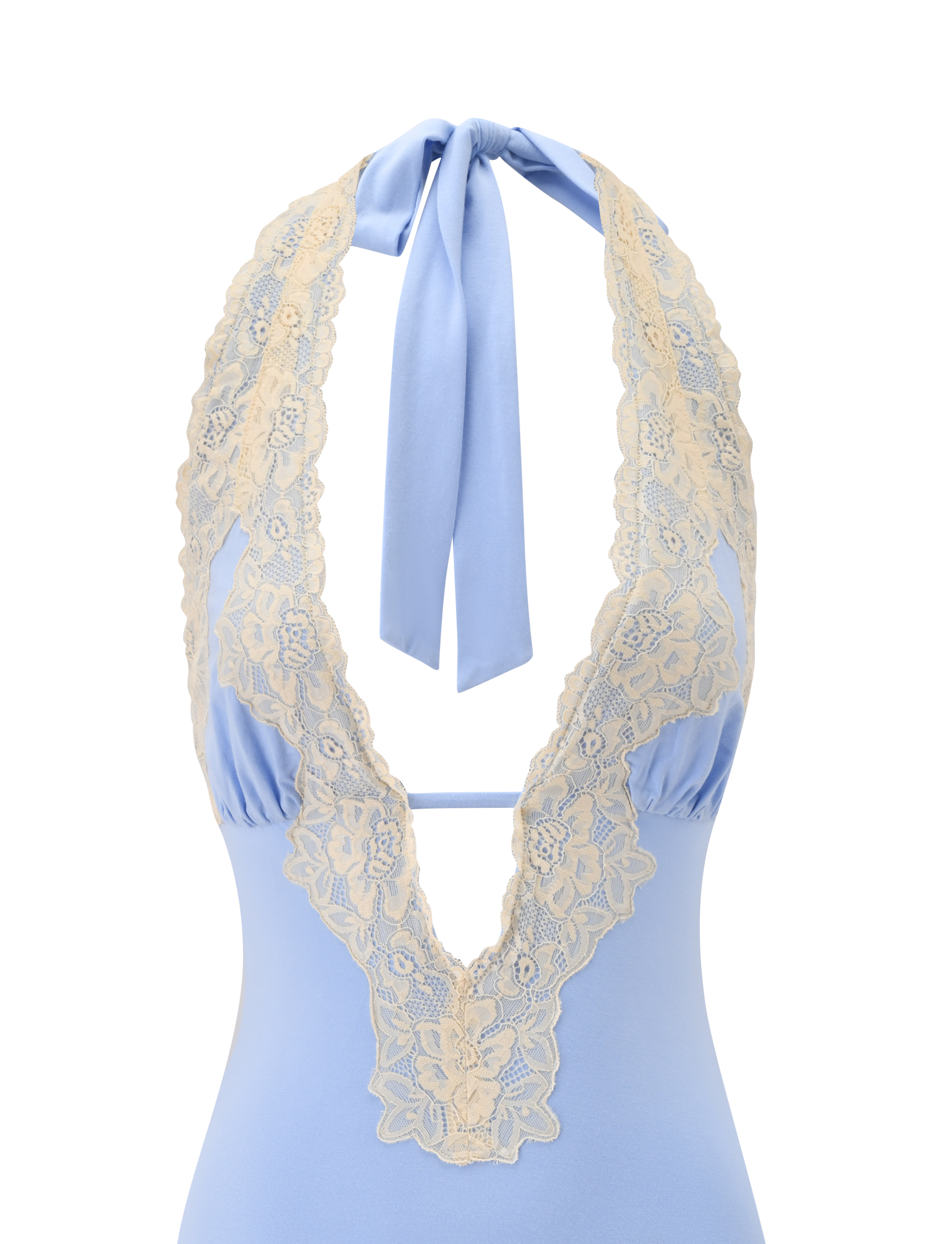 The TALIYAH MINI DRESS by TIGERMIST showcases a cornflower blue halter silhouette, accented with cream lace trim along the deep V neckline and finished with an elegant bow tie at the neck.
