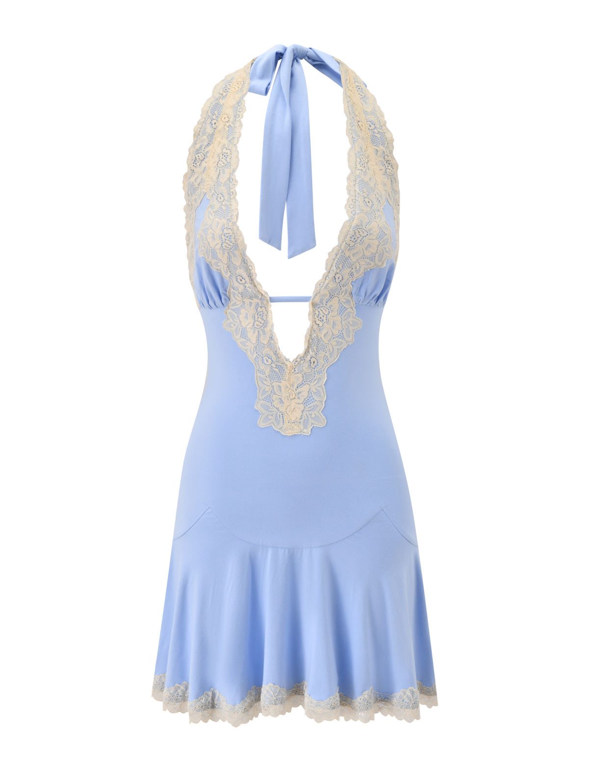 The TALIYAH MINI DRESS by TIGERMIST features a cornflower blue halter silhouette with a deep V neckline, elegantly accented with delicate cream lace trim along the neckline and hem, and is finished with a matching blue neck tie.
