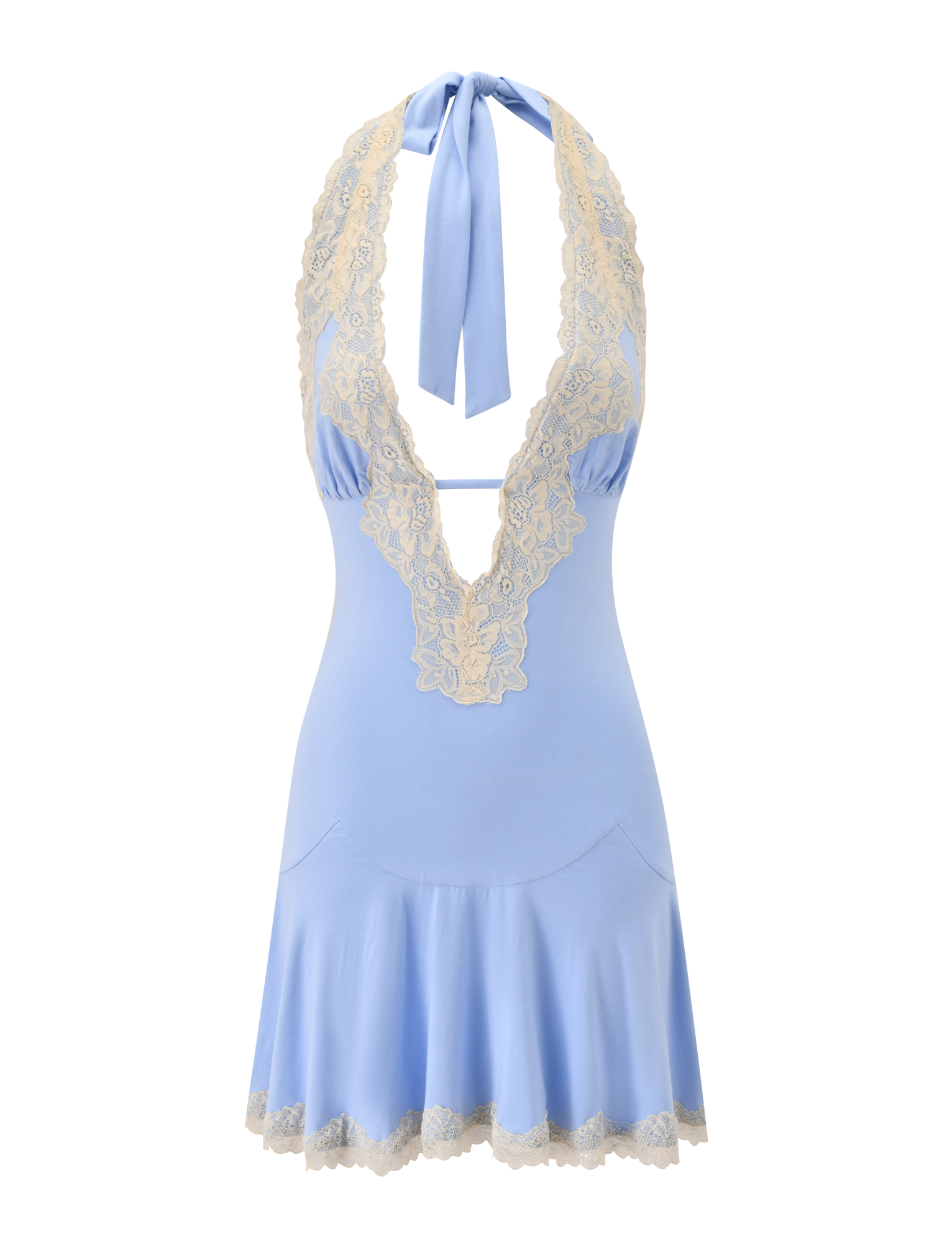 The TALIYAH MINI DRESS by TIGERMIST features a cornflower blue halter silhouette with a deep V neckline, elegantly accented with delicate cream lace trim along the neckline and hem, and is finished with a matching blue neck tie.