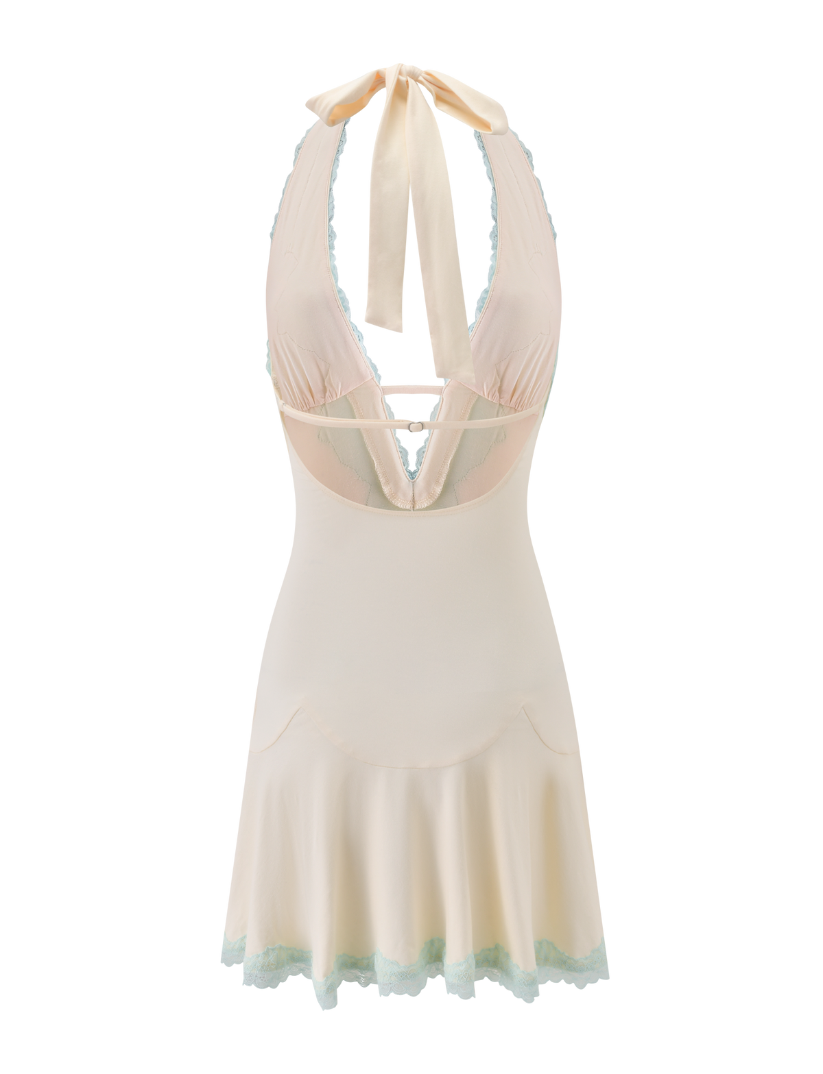The TALIYAH MINI DRESS by TIGERMIST features a cream halter slip silhouette with delicate mint lace trim, a ribbon tie at the neck, and a deep V-back. This fitted mini dress has a slightly flared skirt for an effortlessly stylish summer look.