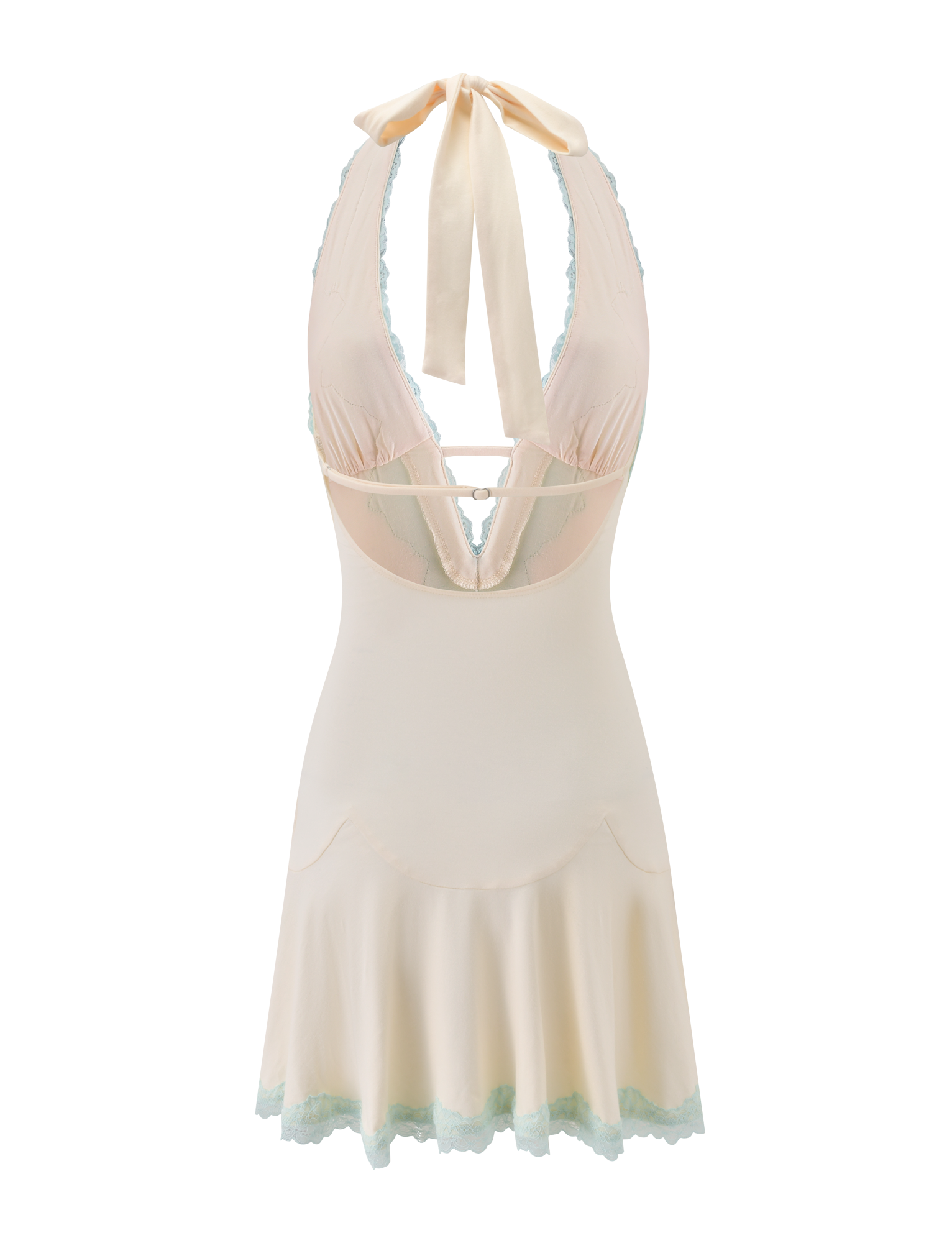 The TALIYAH MINI DRESS by TIGERMIST features a cream halter slip silhouette with delicate mint lace trim, a ribbon tie at the neck, and a deep V-back. This fitted mini dress has a slightly flared skirt for an effortlessly stylish summer look.