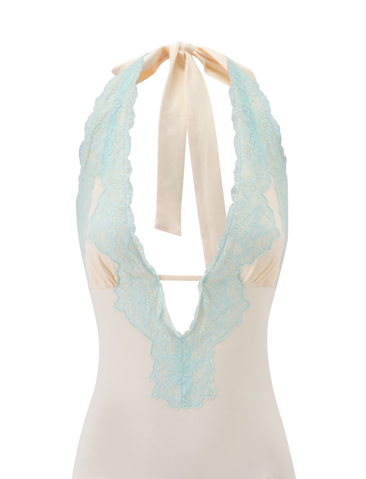 Introducing the TALIYAH MINI DRESS - CREAM AND MINT LACE from TIGERMIST: a cream mini dress featuring a halter neckline with a deep V cut, beautifully accented by mint lace trim and finished with a wide cream neck tie—delivering flirty elegance in a chic, effortless silhouette perfect for summer.